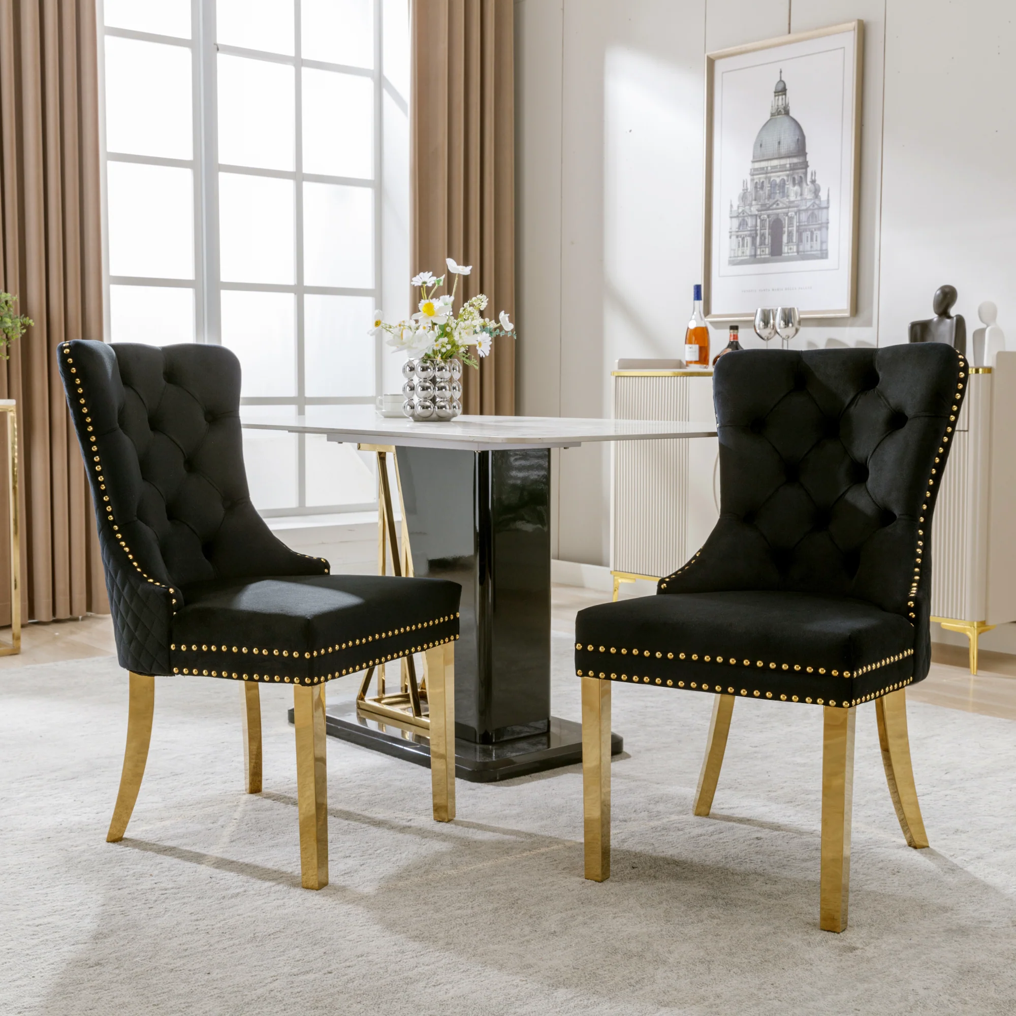 Dining Chair Set of 2 Upholstered Velvet Round Pull Ring Back Nailhead Trim Black/Gold - Image 4