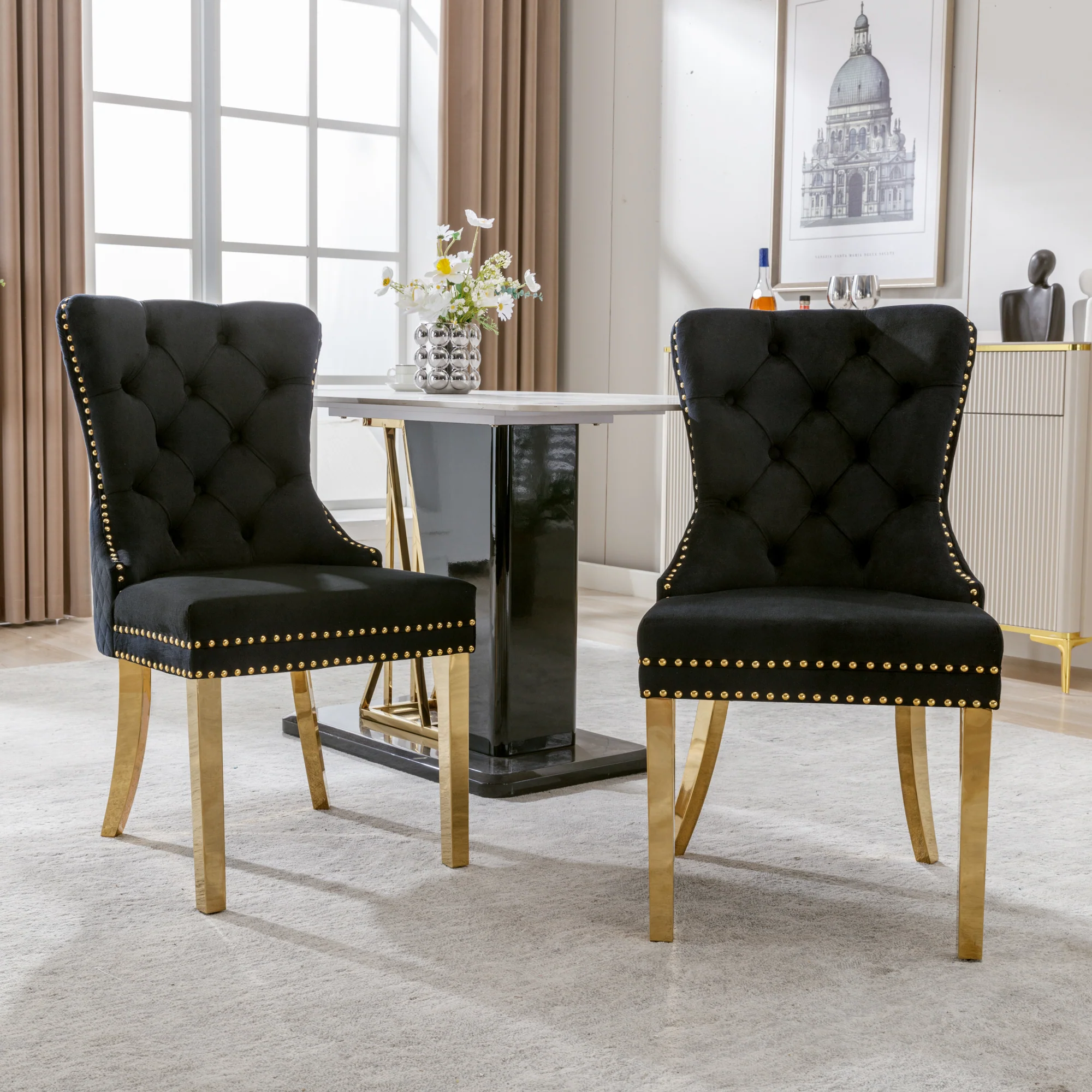 Dining Chair Set of 2 Upholstered Velvet Round Pull Ring Back Nailhead Trim Black/Gold - Image 5