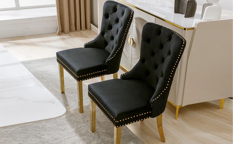 Dining Chair Set of 2 Upholstered Velvet Round Pull Ring Back Nailhead Trim Black/Gold - Image 6