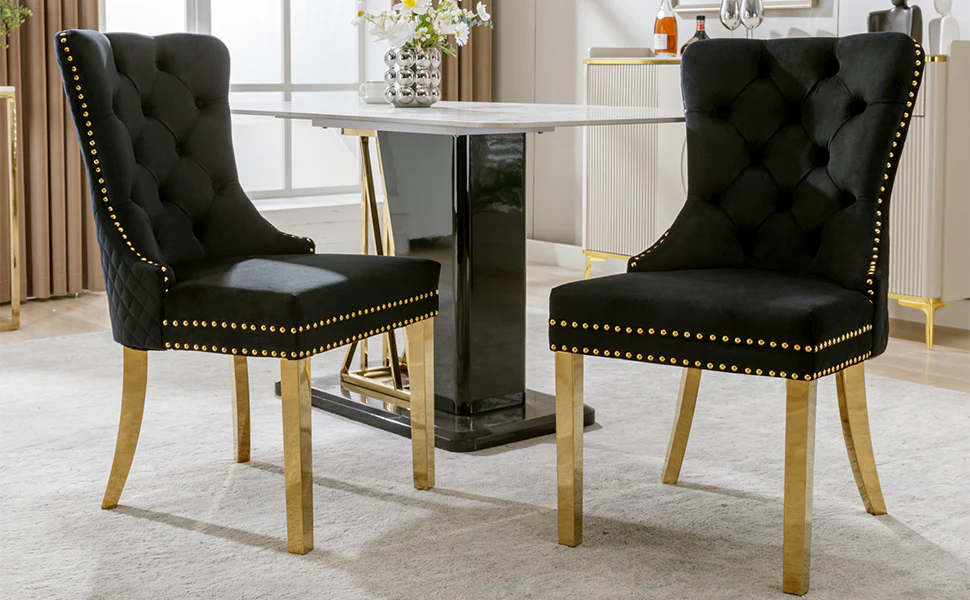 Dining Chair Set of 2 Upholstered Velvet Round Pull Ring Back Nailhead Trim Black/Gold - Image 7