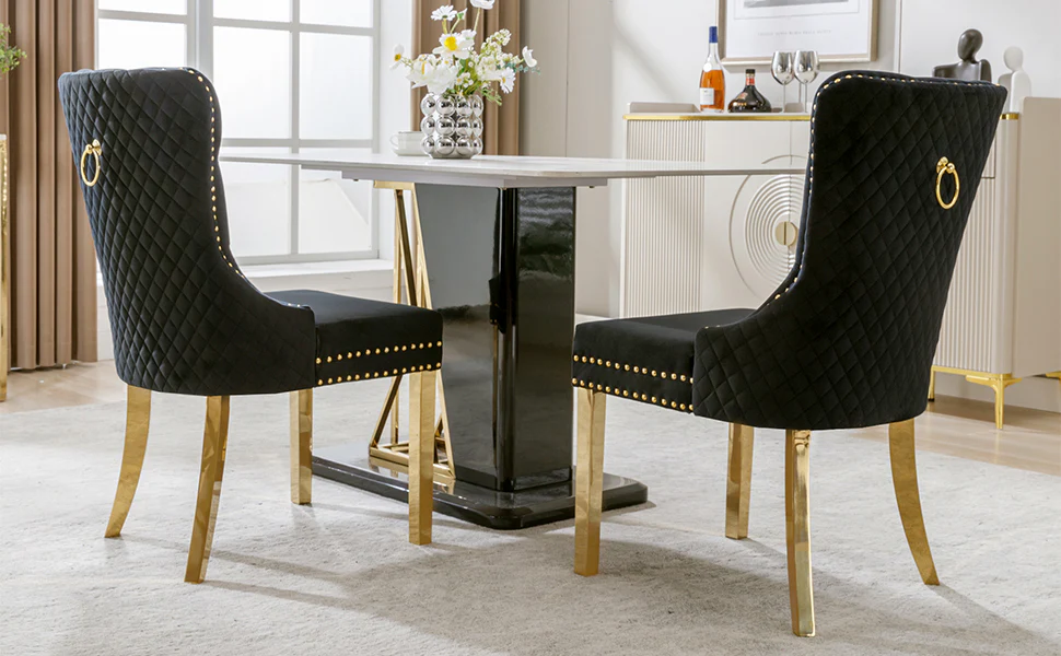 Dining Chair Set of 2 Upholstered Velvet Round Pull Ring Back Nailhead Trim Black/Gold - Image 8