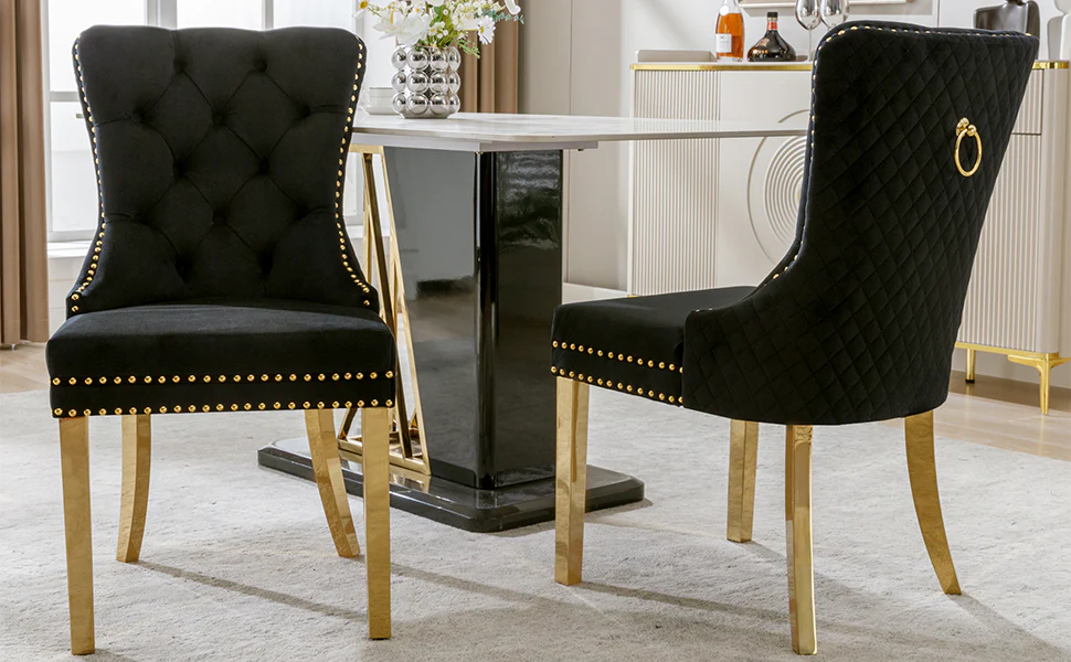 Dining Chair Set of 2 Upholstered Velvet Round Pull Ring Back Nailhead Trim Black/Gold - Image 9