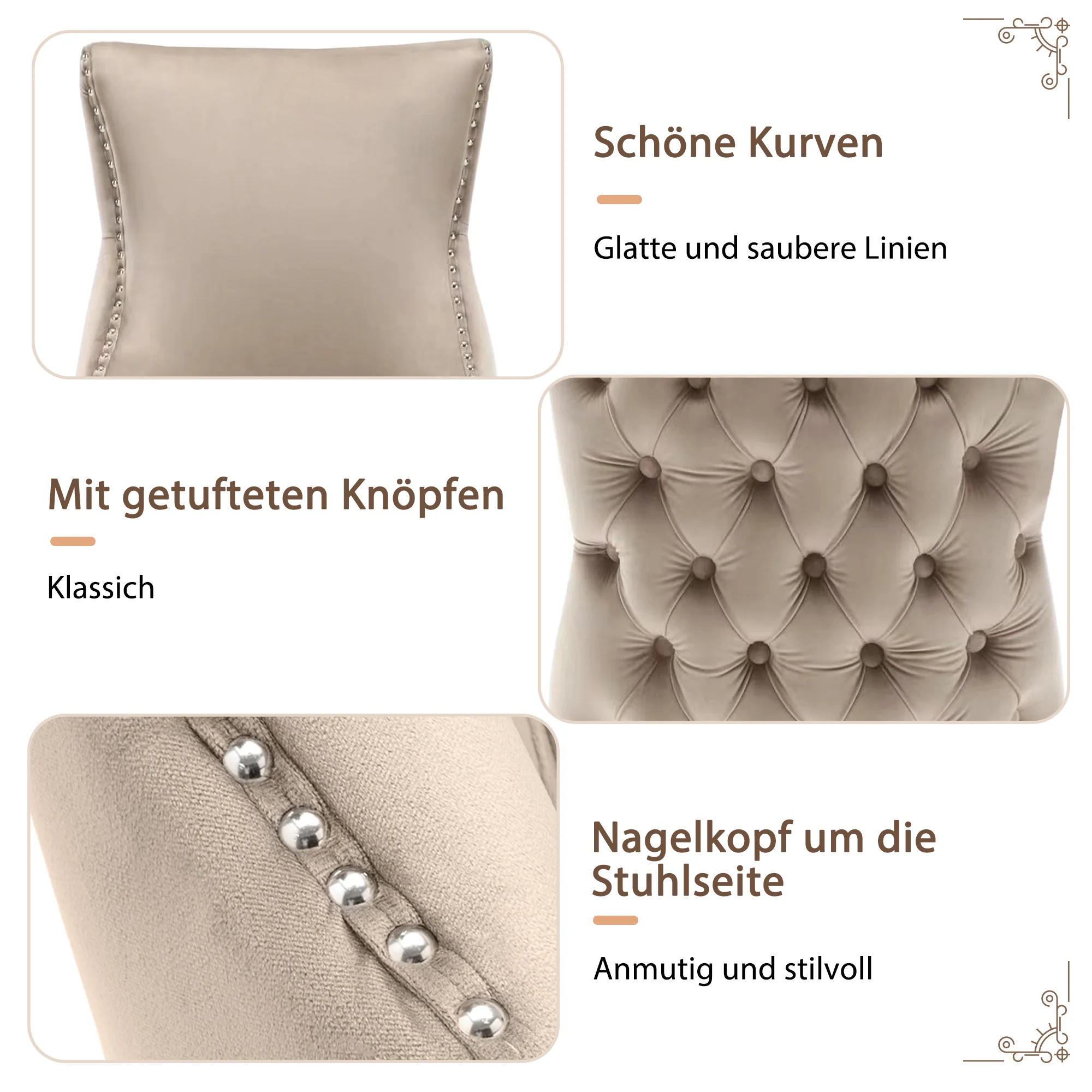 Dining Chair Set of 4 Button Tufting, Nailhead Trim, Curved Solid Wood Legs - Beige Velvet - Image 10