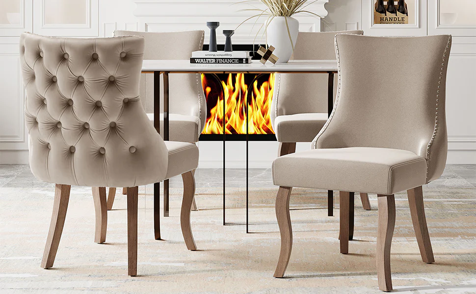 Dining Chair Set of 4 Button Tufting, Nailhead Trim, Curved Solid Wood Legs - Beige Velvet - Image 2