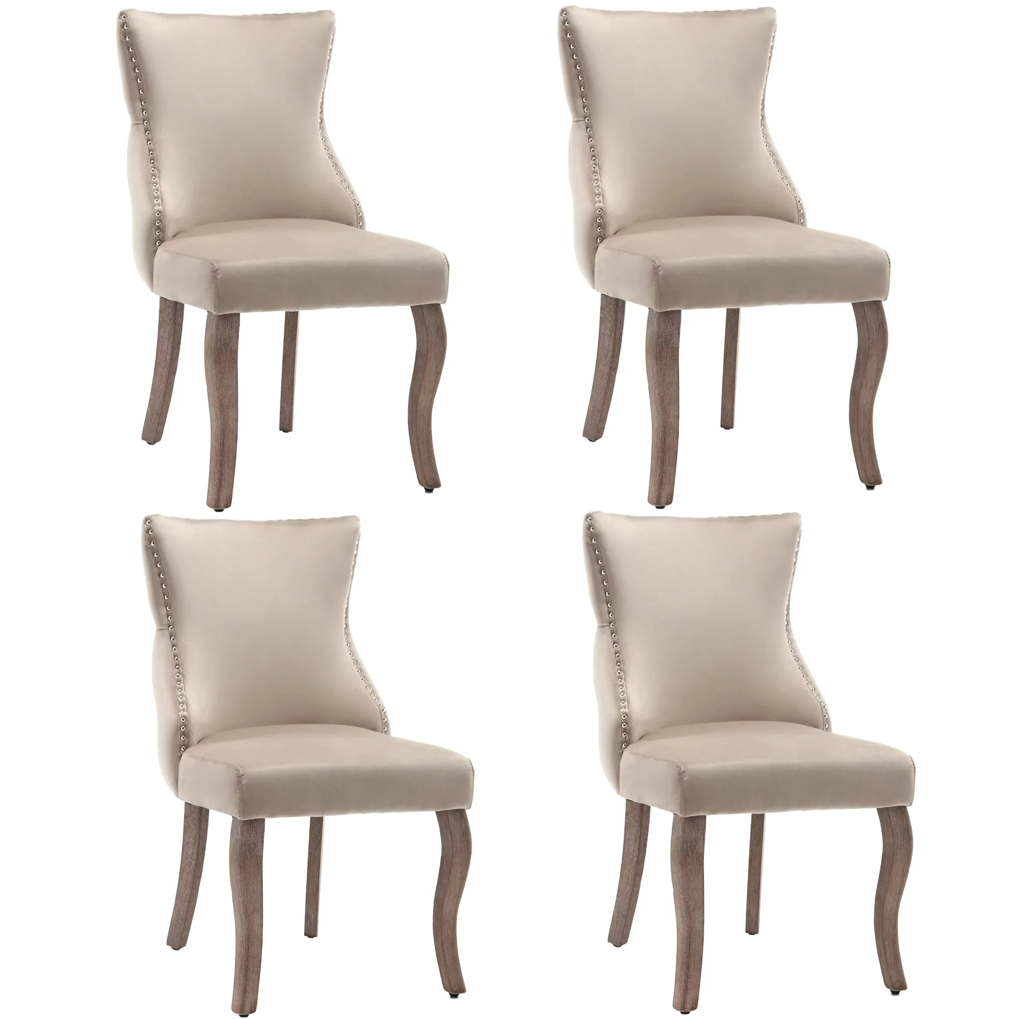 Dining Chair Set of 4 Button Tufting, Nailhead Trim, Curved Solid Wood Legs - Beige Velvet - Image 3