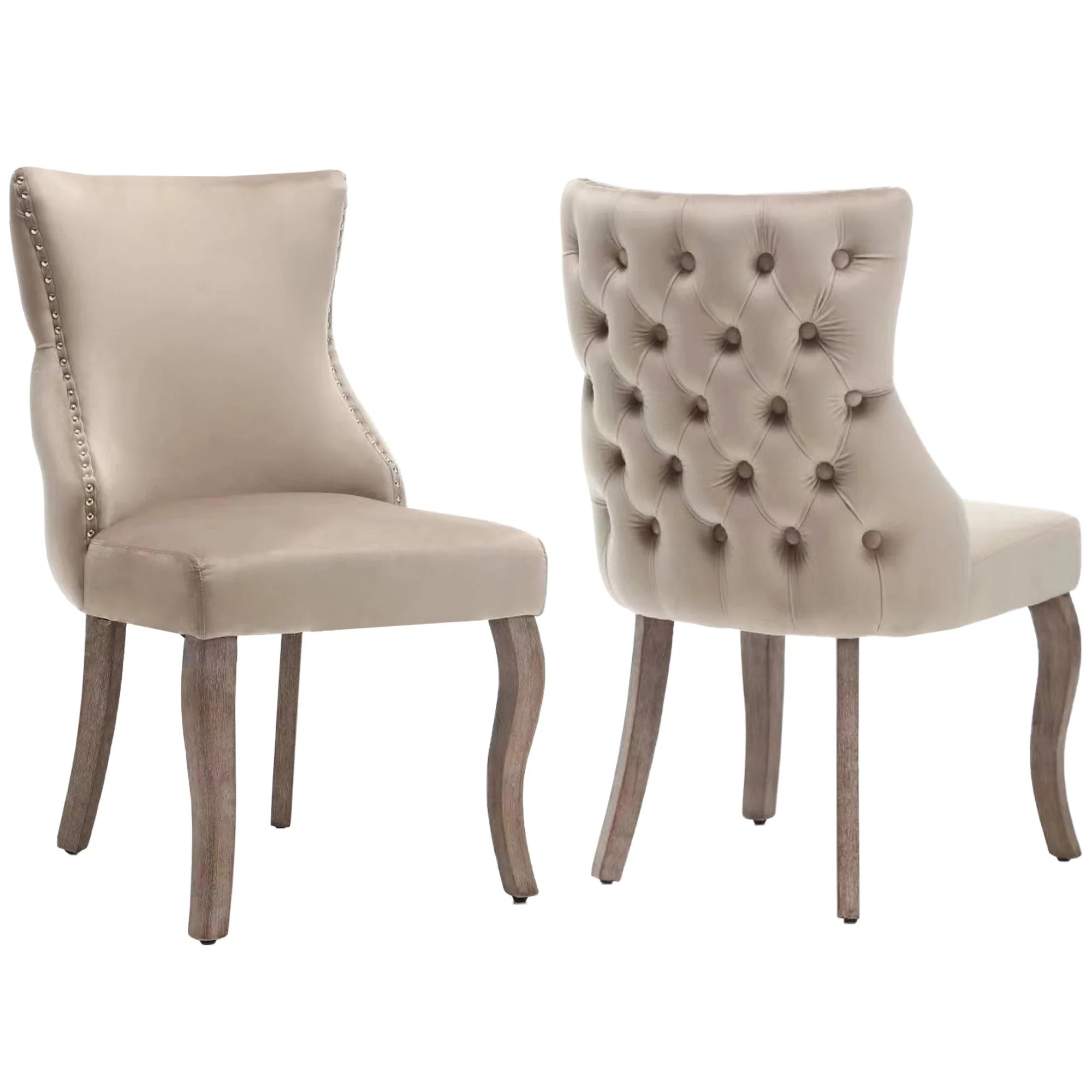 Dining Chair Set of 4 Button Tufting, Nailhead Trim, Curved Solid Wood Legs - Beige Velvet - Image 4