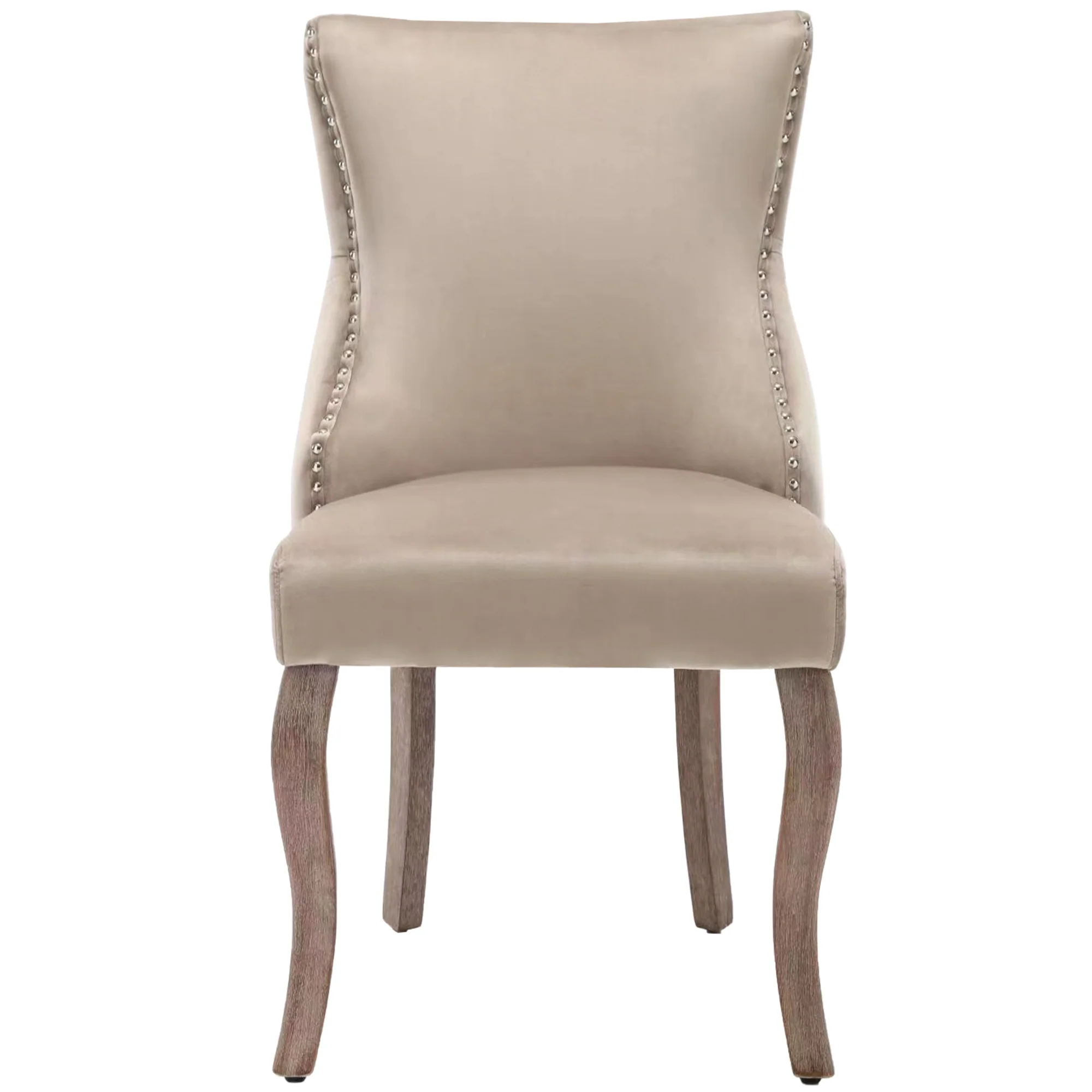 Dining Chair Set of 4 Button Tufting, Nailhead Trim, Curved Solid Wood Legs - Beige Velvet - Image 5