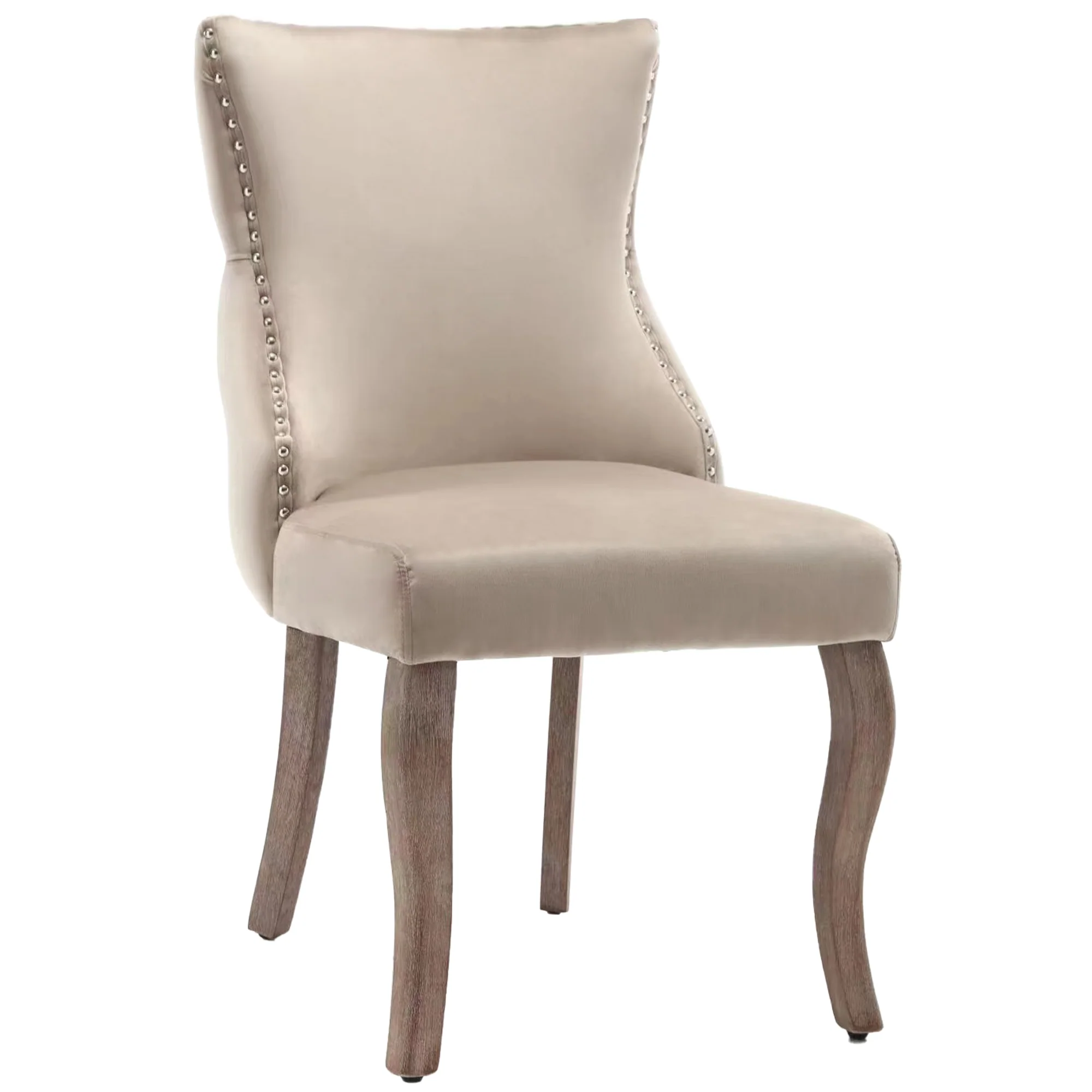 Dining Chair Set of 4 Button Tufting, Nailhead Trim, Curved Solid Wood Legs - Beige Velvet - Image 8