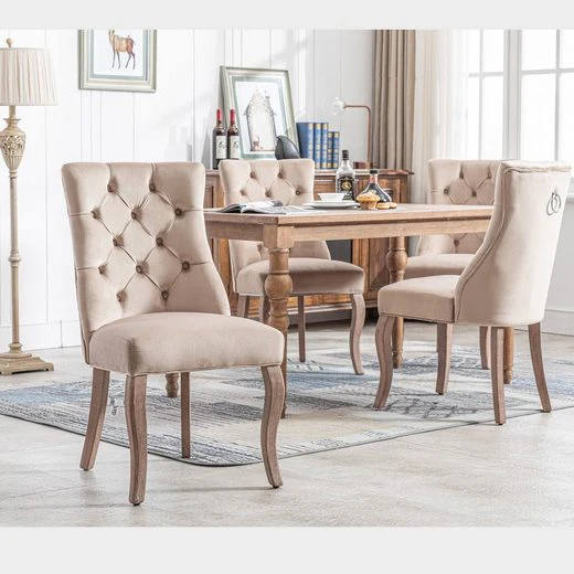 Dining Chair Set of 4 High Back Button Tufting Beige Velvet - Image 2
