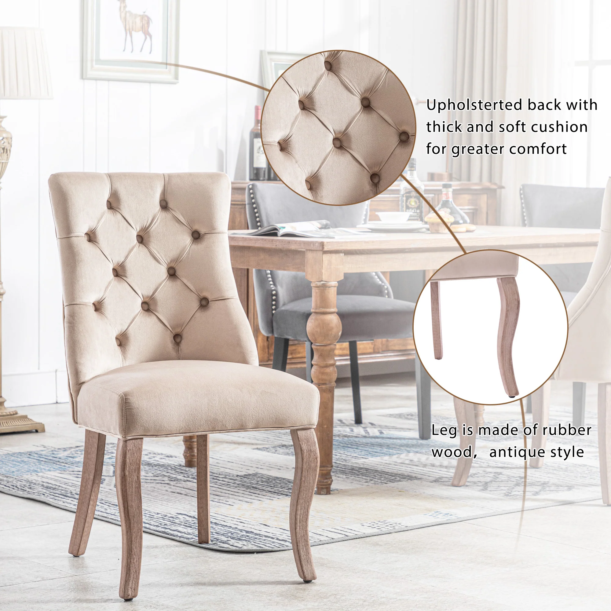 Dining Chair Set of 4 High Back Button Tufting Beige Velvet - Image 4