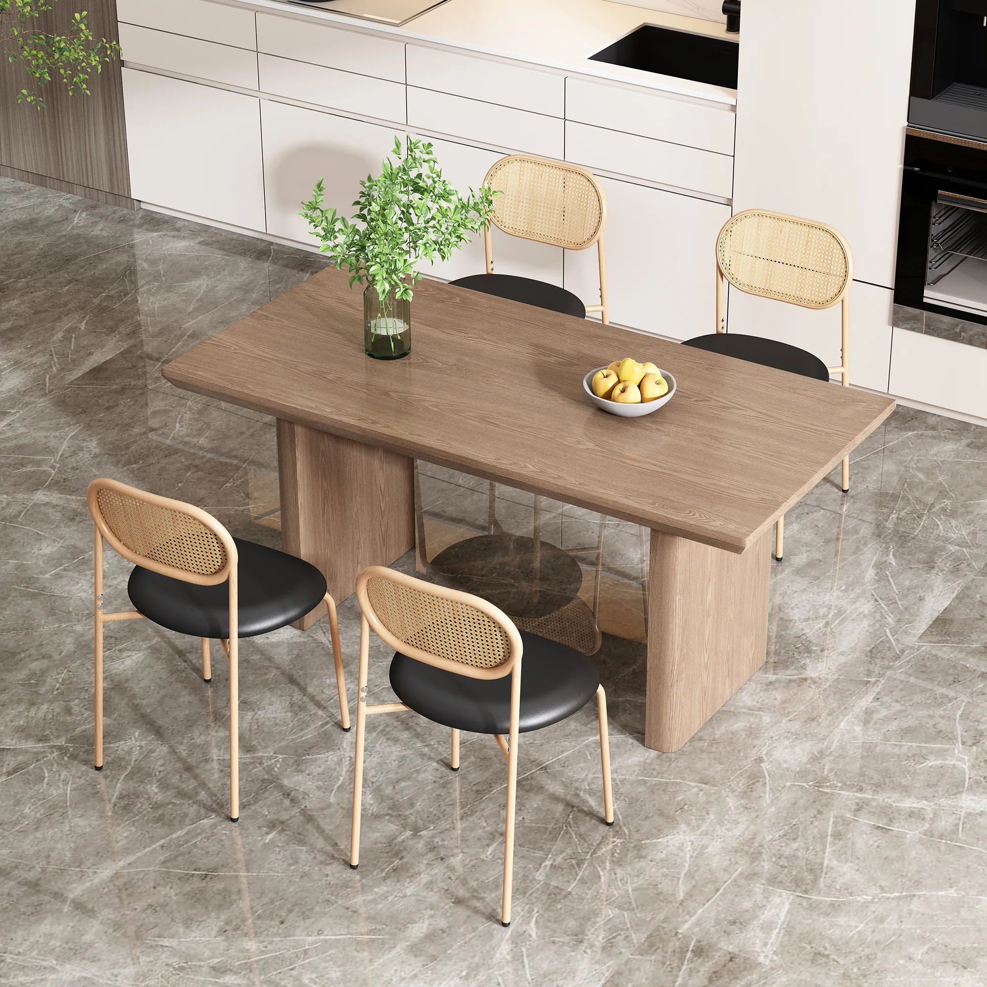 Dining Chair Set of 4 Modern Rattan Metal Legs - Black + Brown - Image 2