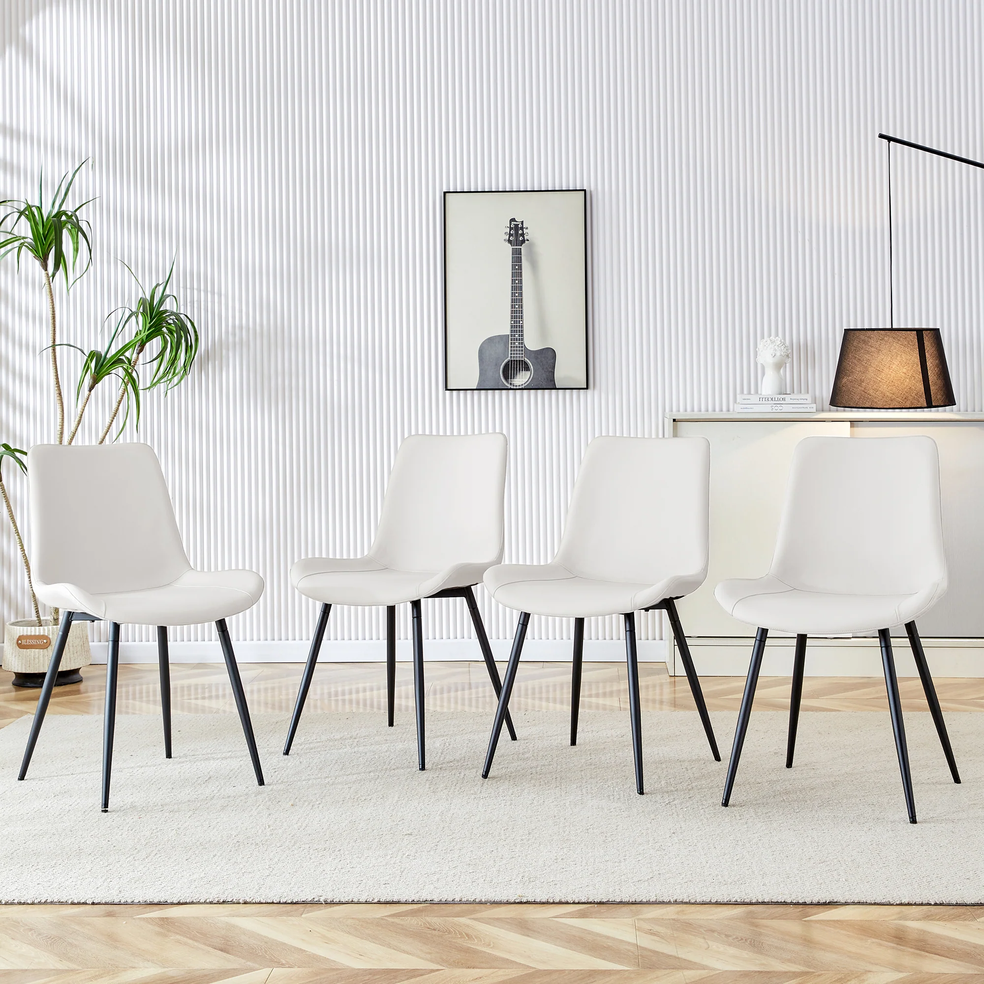 Dining Chair Set of 4 Modern Widened Seat Metal Legs - White Faux Leather - Image 2