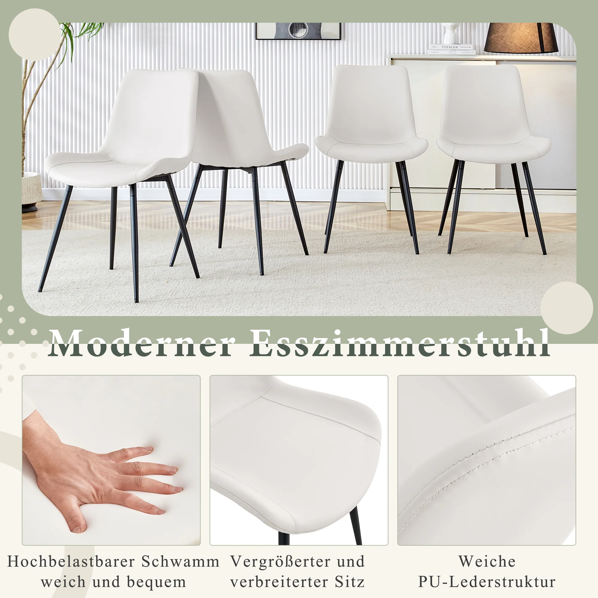 Dining Chair Set of 4 Modern Widened Seat Metal Legs - White Faux Leather - Image 6