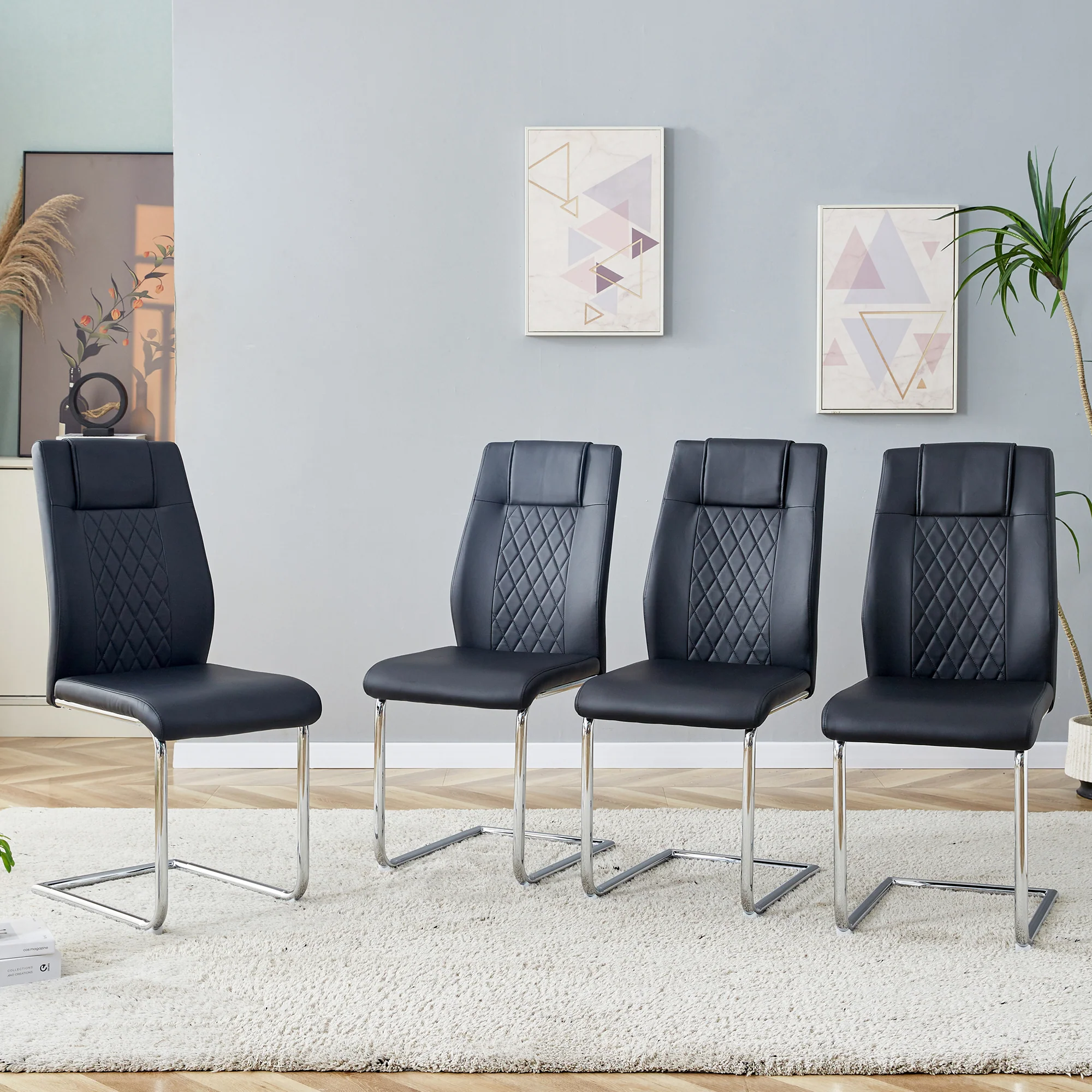 Dining Chair Set of 4 Nordic Style Mesh Stitching Silver Metal Legs Black PU