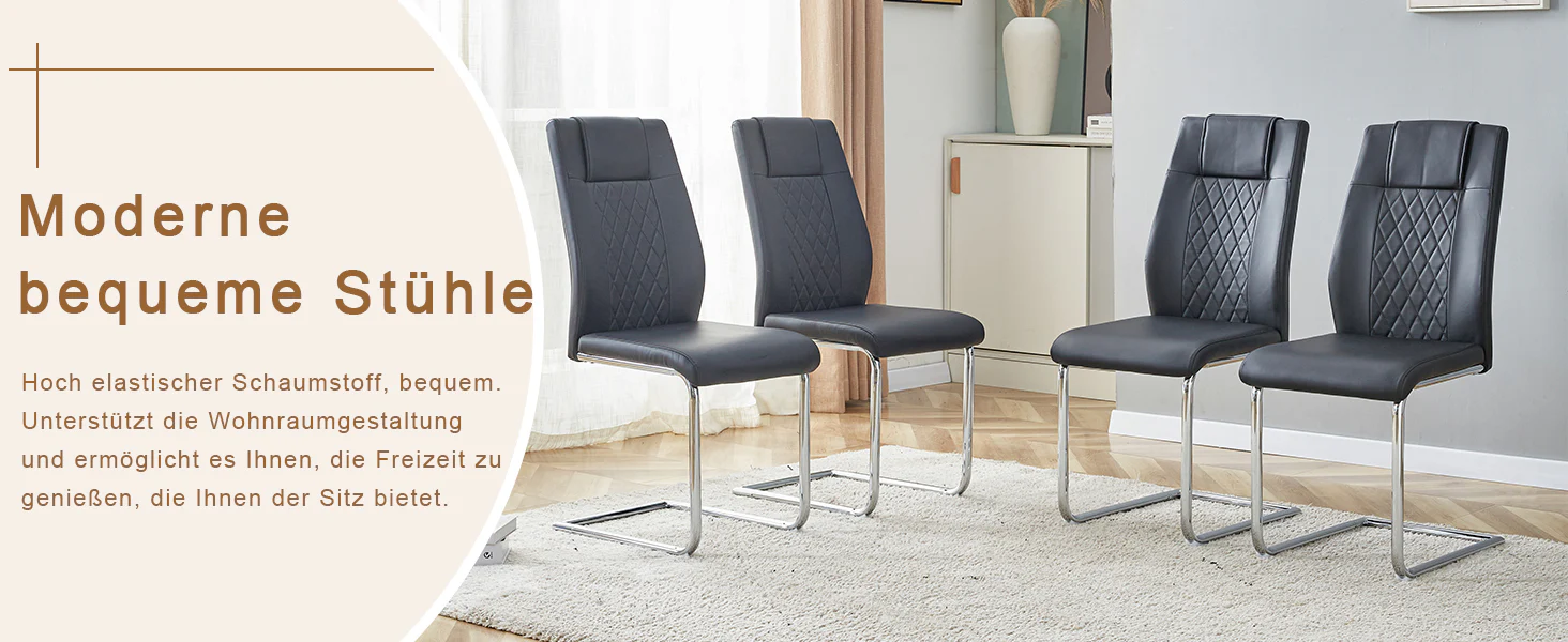 Dining Chair Set of 4 Nordic Style Mesh Stitching Silver Metal Legs Black PU - Image 10