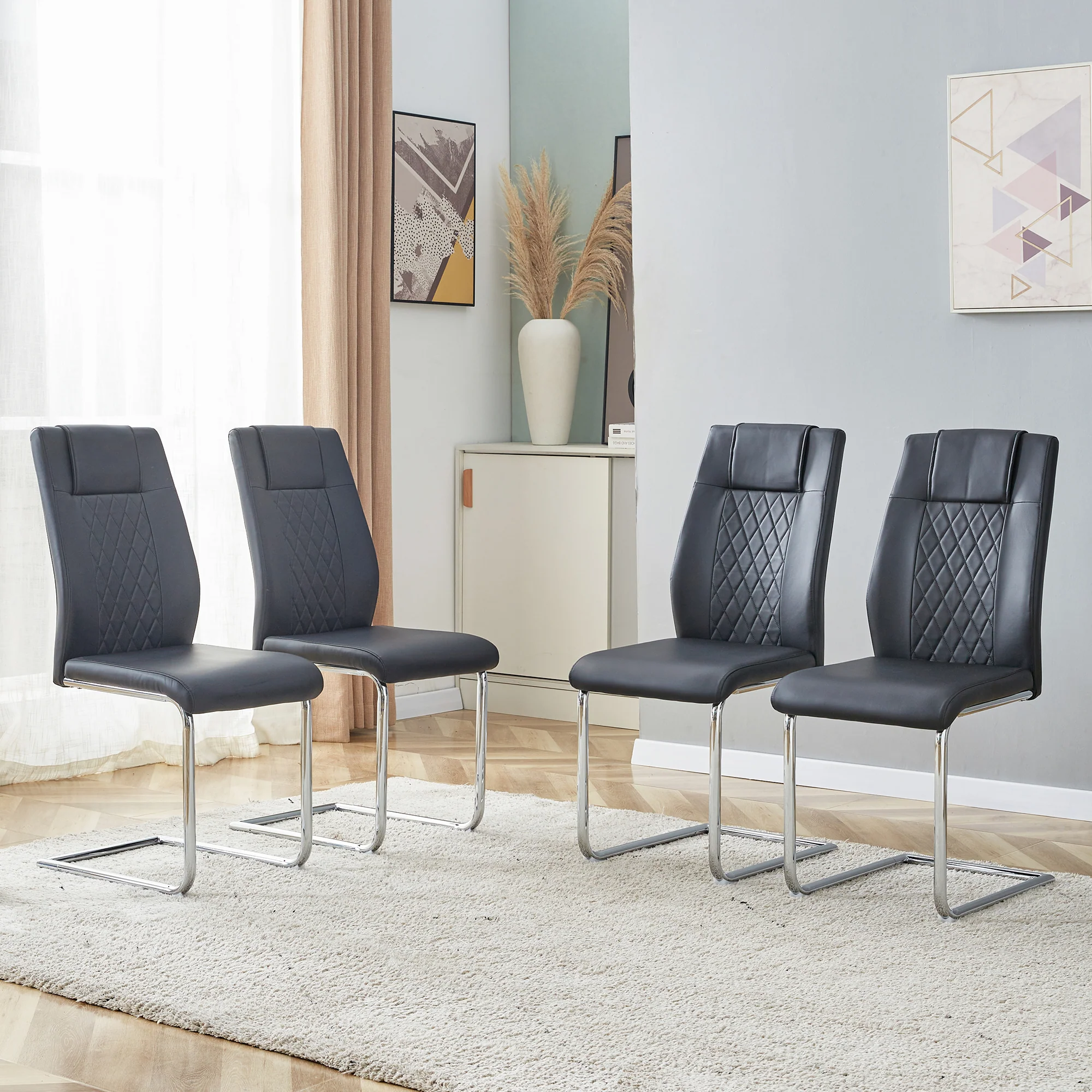 Dining Chair Set of 4 Nordic Style Mesh Stitching Silver Metal Legs Black PU - Image 2