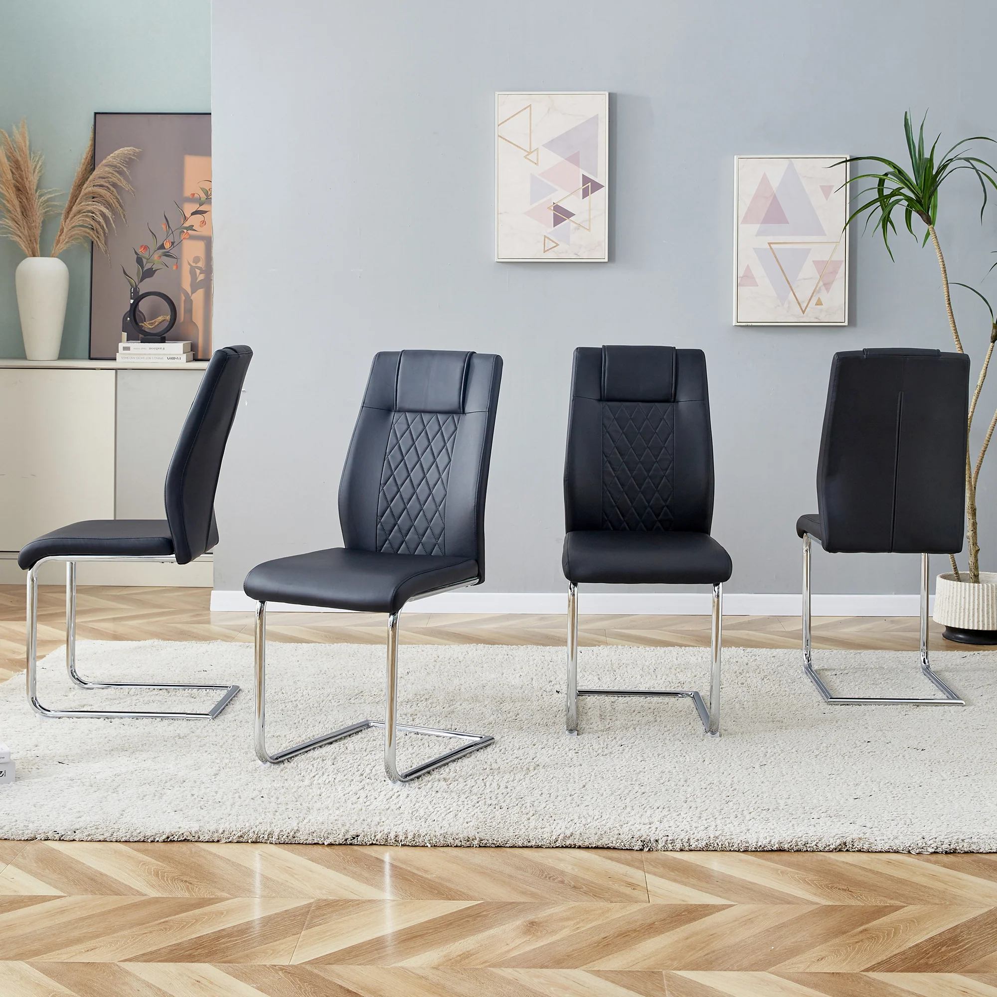 Dining Chair Set of 4 Nordic Style Mesh Stitching Silver Metal Legs Black PU - Image 3
