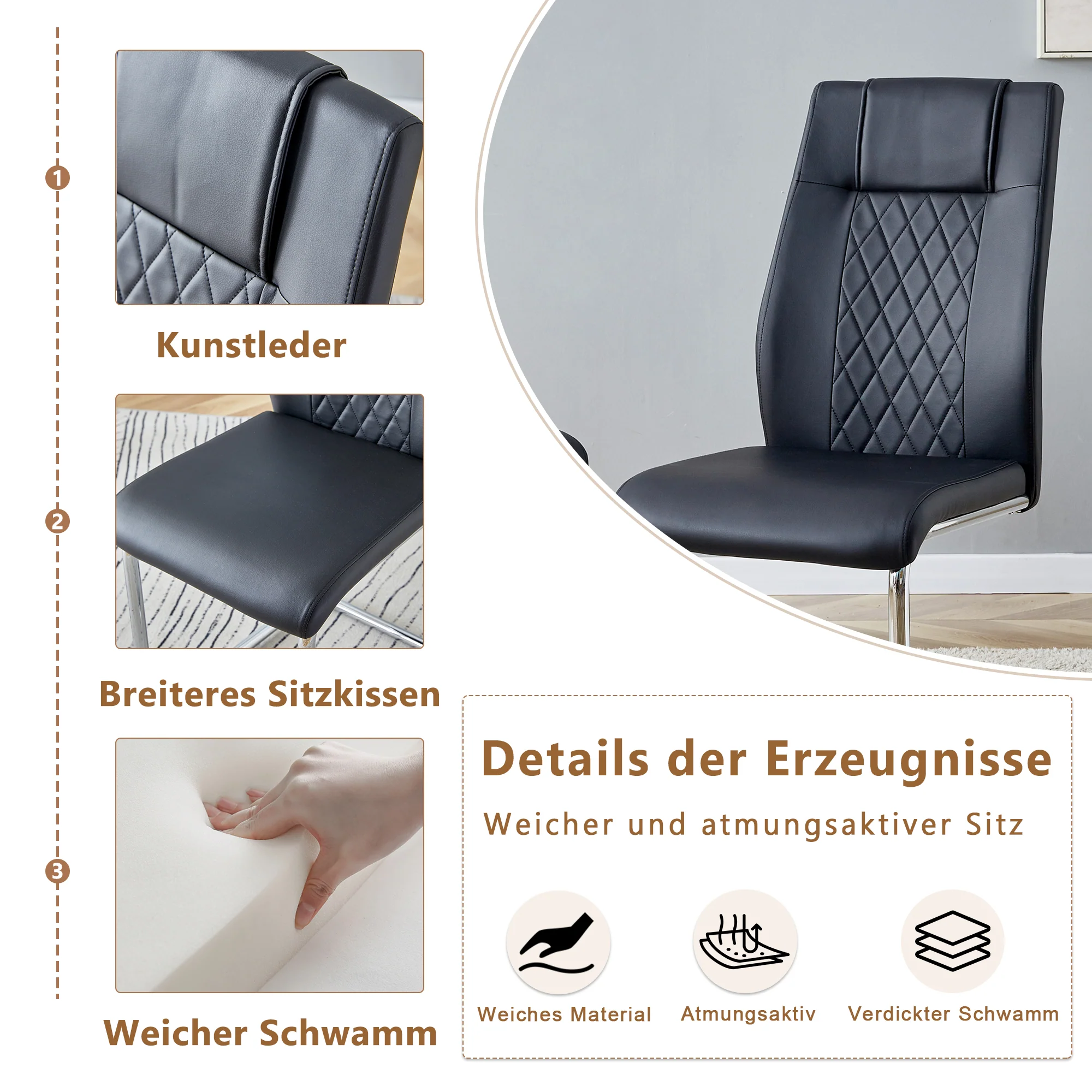 Dining Chair Set of 4 Nordic Style Mesh Stitching Silver Metal Legs Black PU - Image 5