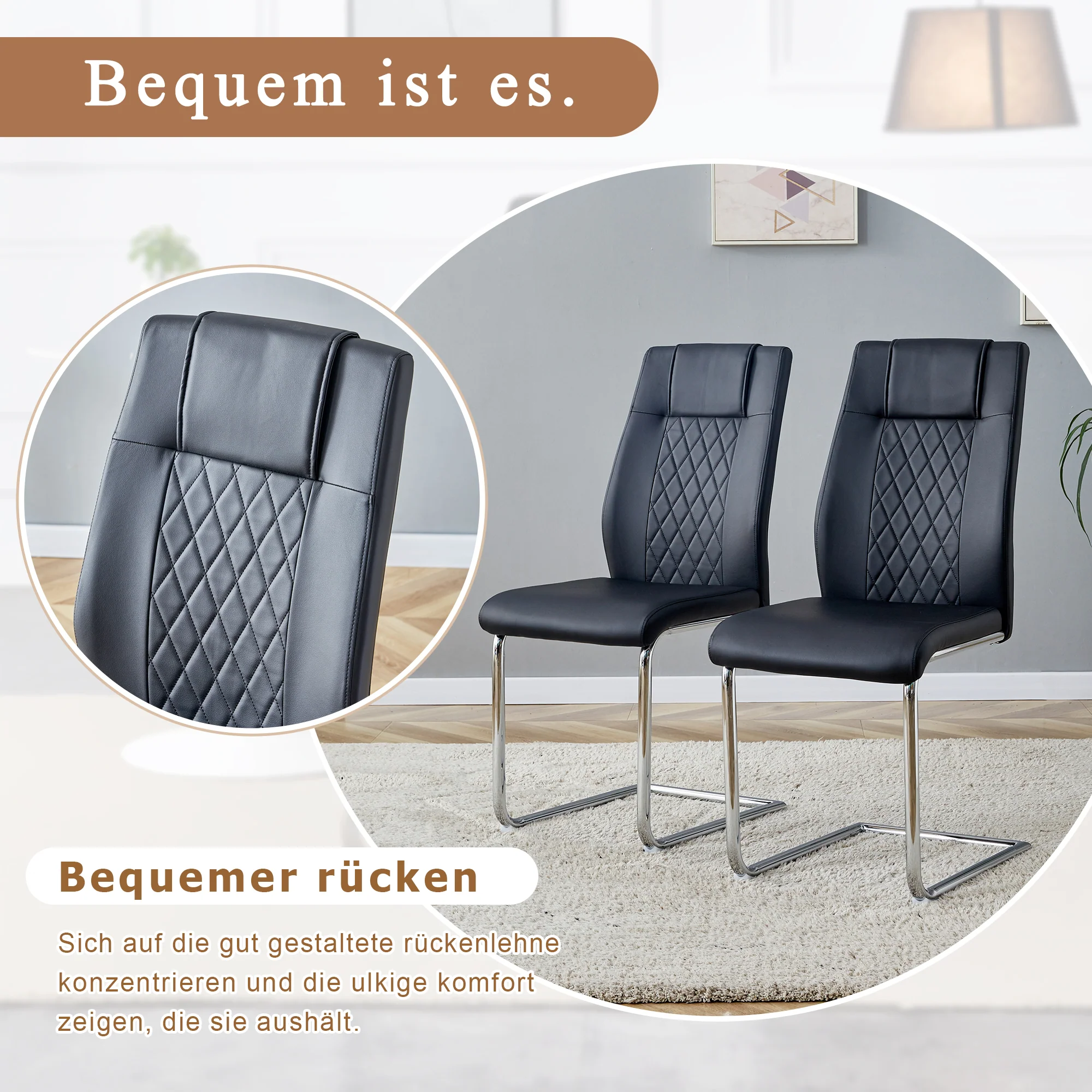 Dining Chair Set of 4 Nordic Style Mesh Stitching Silver Metal Legs Black PU - Image 7