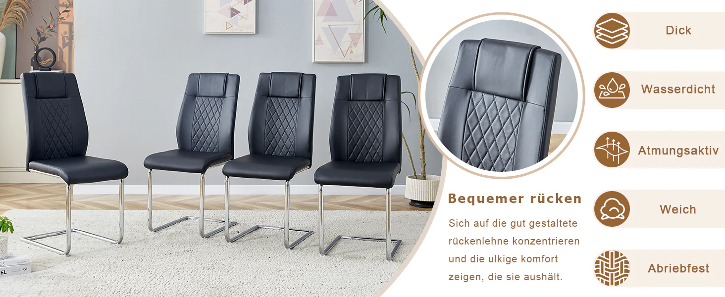 Dining Chair Set of 4 Nordic Style Mesh Stitching Silver Metal Legs Black PU - Image 9