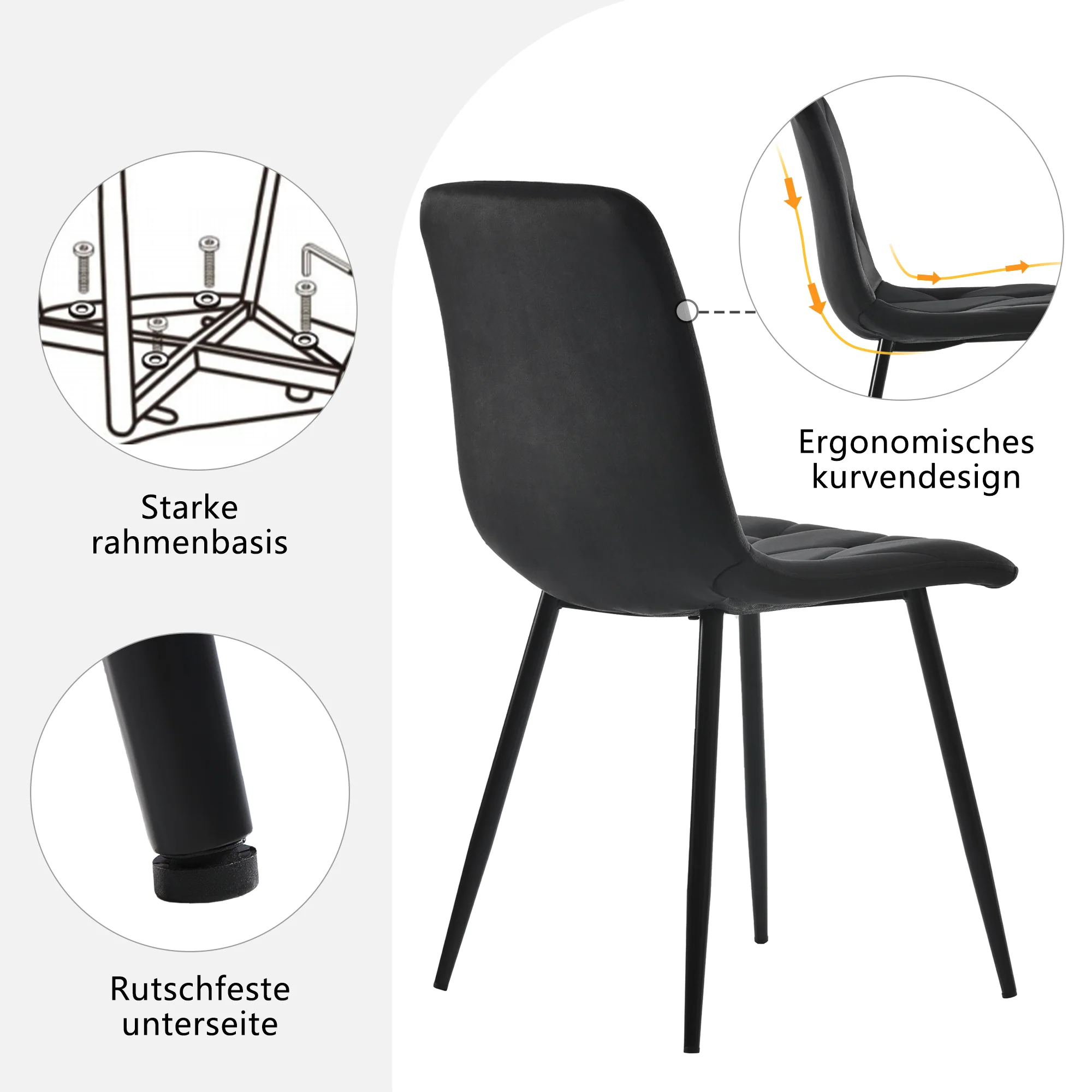 Dining Chair Set of 4 - Upholstered Designer Backrest Metal Frame - Twill Velvet Black - Image 10