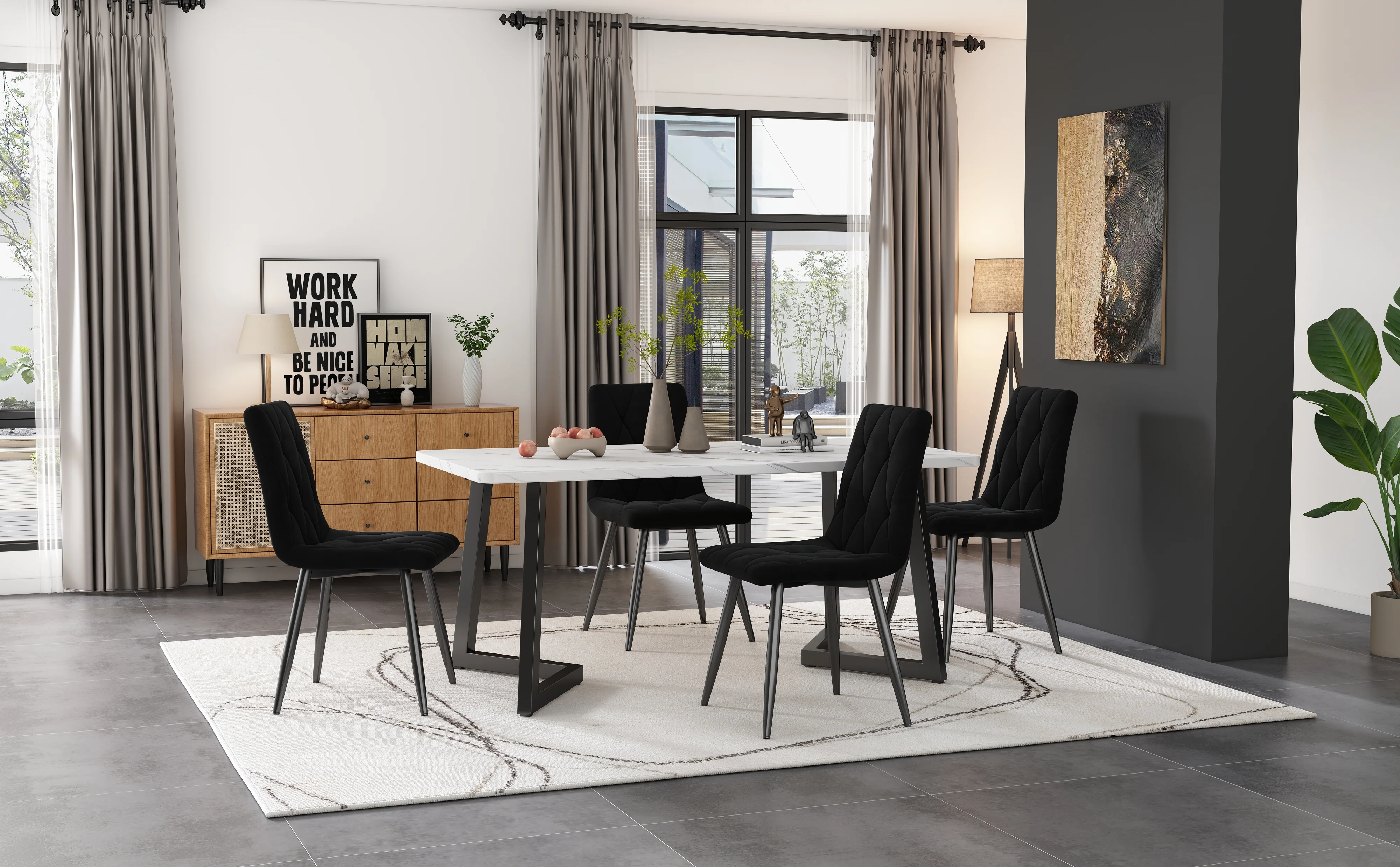 Dining Chair Set of 4 - Upholstered Designer Backrest Metal Frame - Twill Velvet Black - Image 3