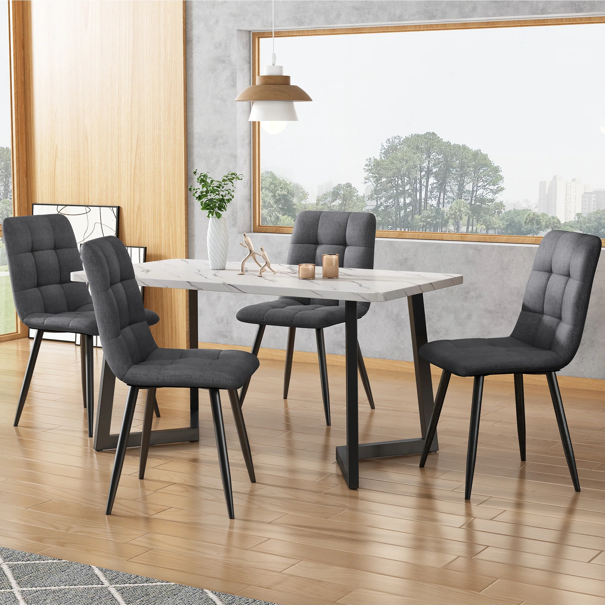Dining Chair Set of 4 Upholstered Designer Chair with Backrest Metal Frame Dark Grey Linen