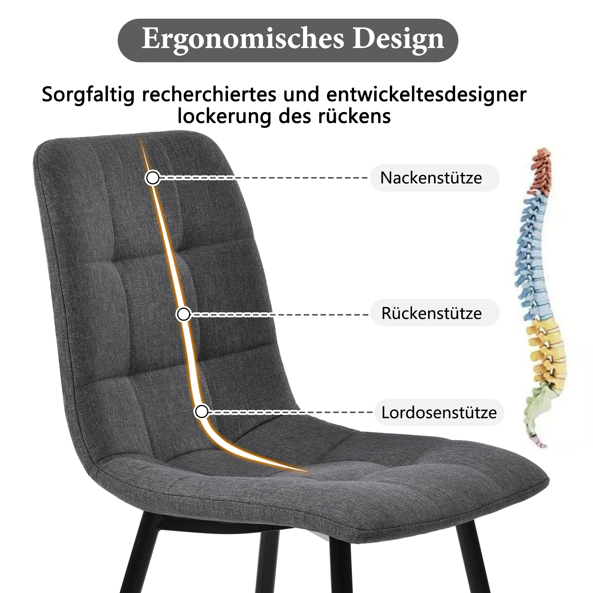 Dining Chair Set of 4 Upholstered Designer Chair with Backrest Metal Frame Dark Grey Linen - Image 5