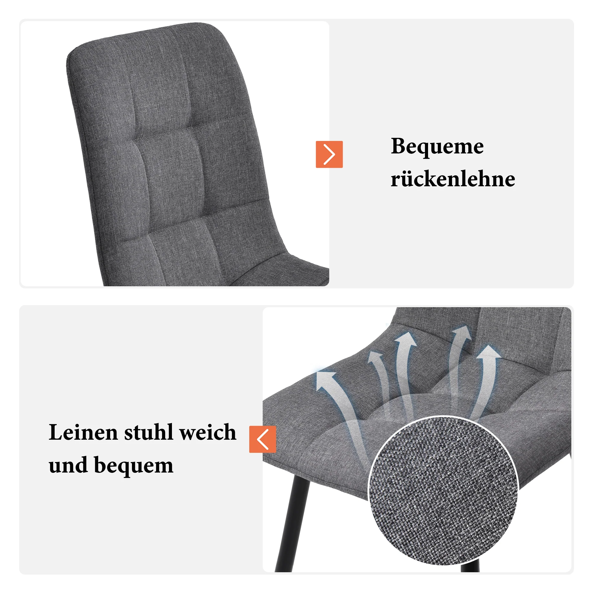 Dining Chair Set of 4 Upholstered Designer Chair with Backrest Metal Frame Dark Grey Linen - Image 6