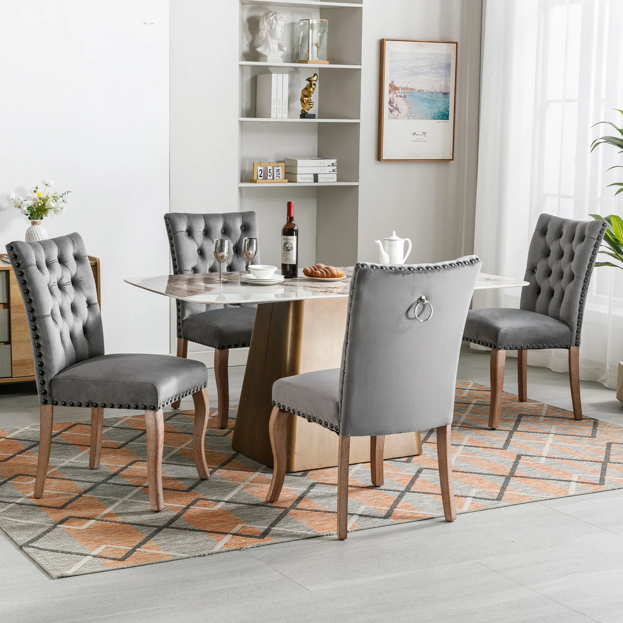 Dining Chair Set of 4 Upholstered Door Knocker Back Nailhead Trim, Grey Velvet - Image 3
