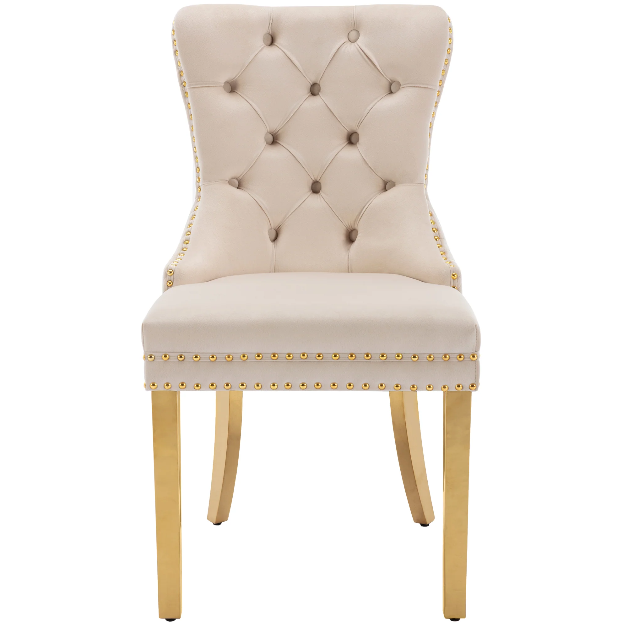 Dining Chair Set of 4 Upholstered Door Knocker Nailhead Trim Beige Velvet/Gold - Image 10