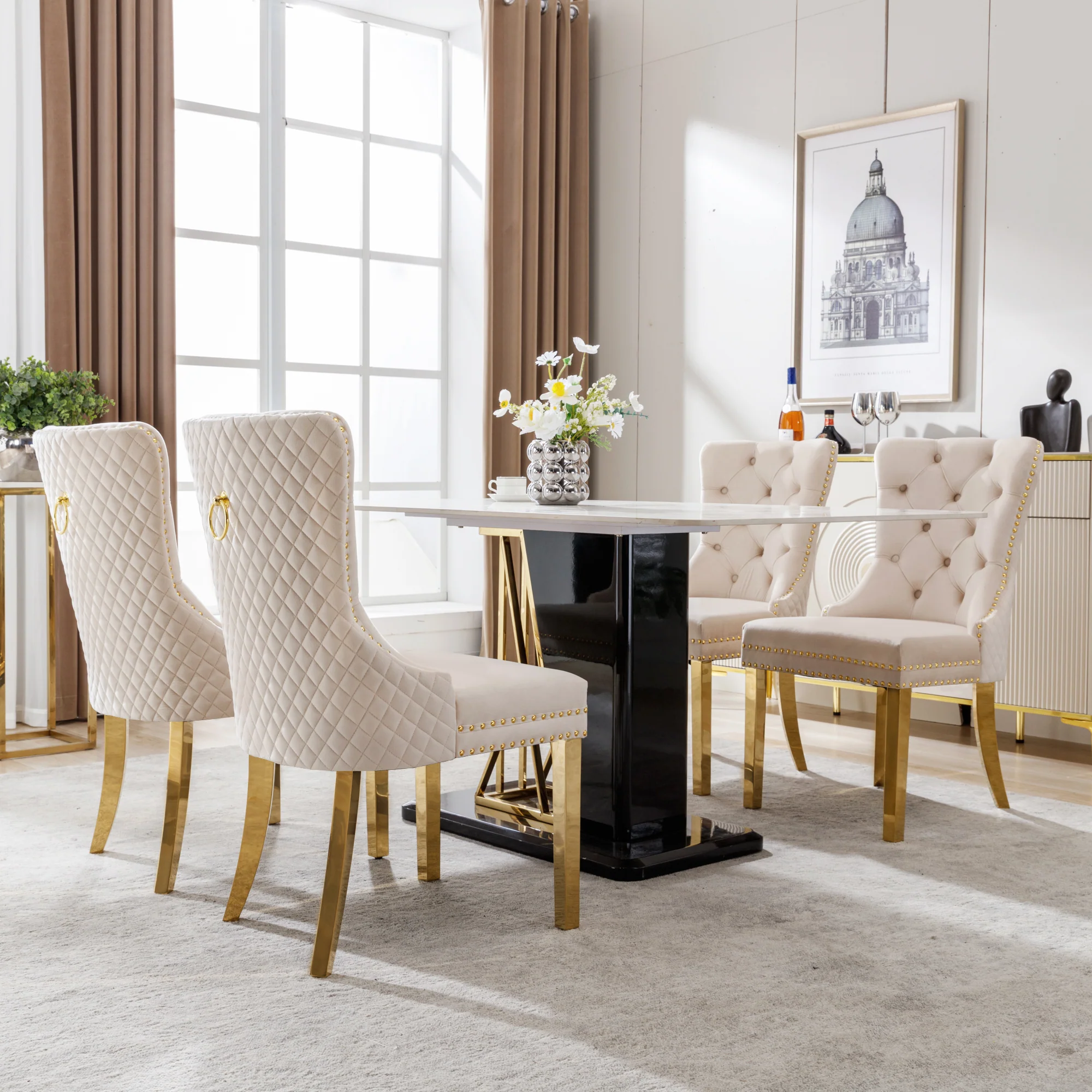 Dining Chair Set of 4 Upholstered Door Knocker Nailhead Trim Beige Velvet/Gold - Image 2