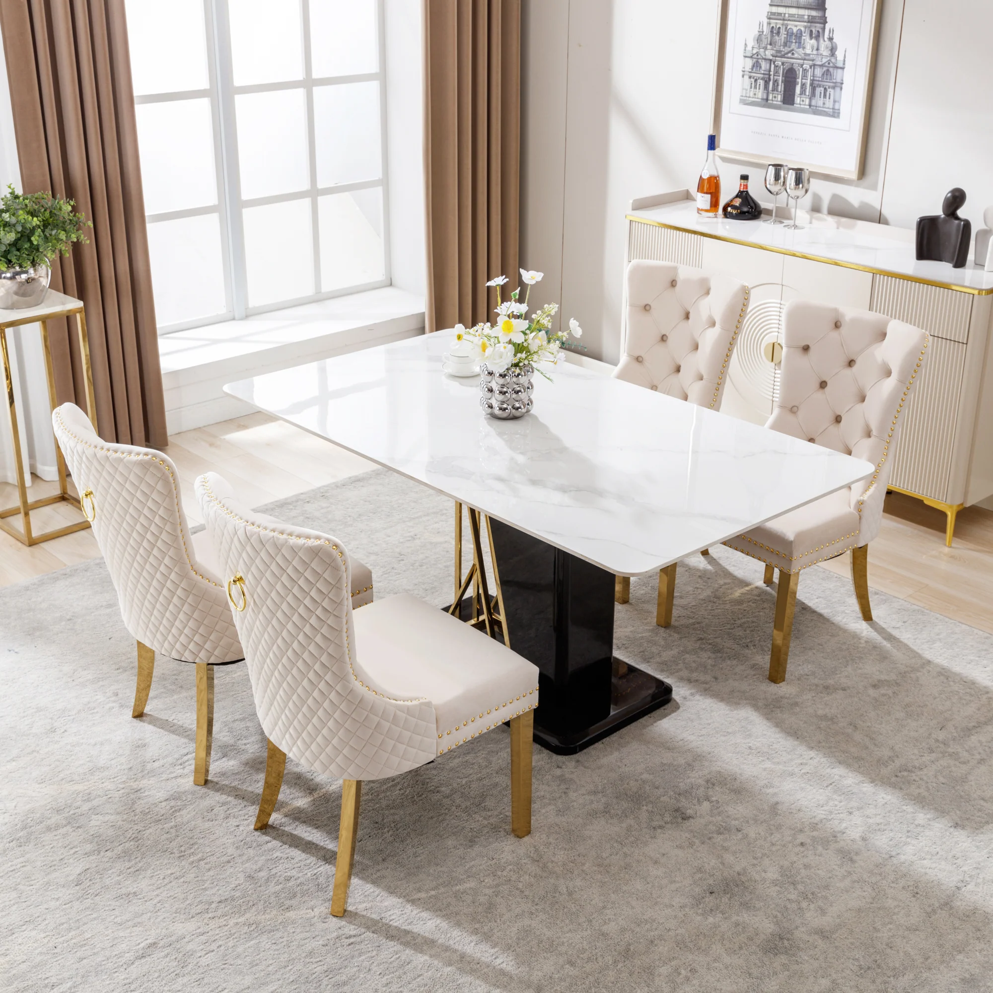 Dining Chair Set of 4 Upholstered Door Knocker Nailhead Trim Beige Velvet/Gold - Image 3