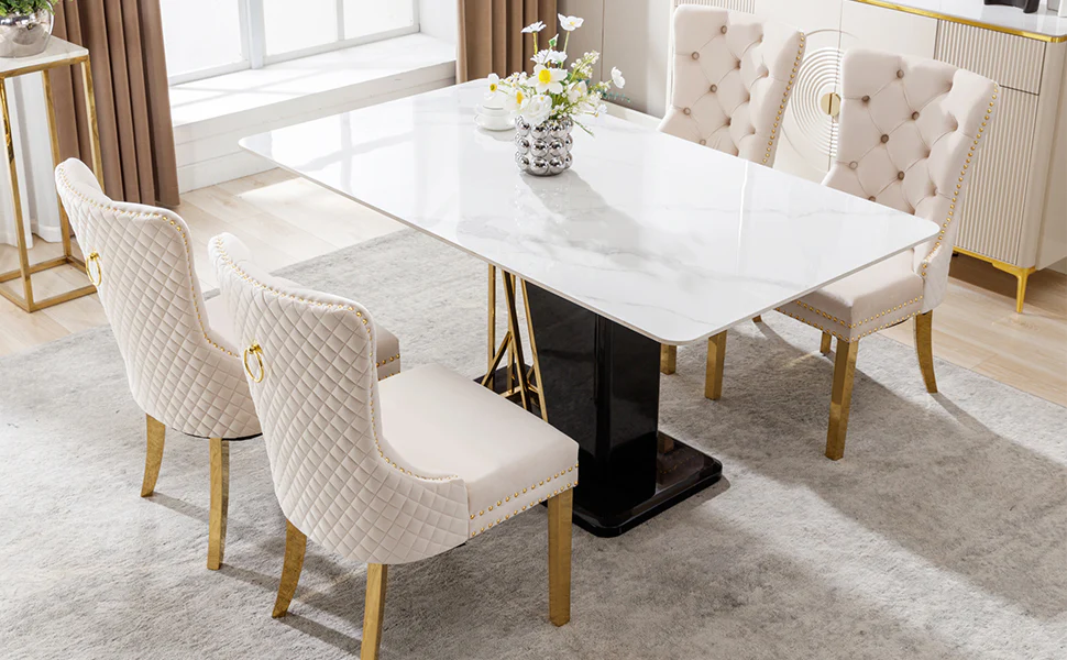 Dining Chair Set of 4 Upholstered Door Knocker Nailhead Trim Beige Velvet/Gold - Image 5