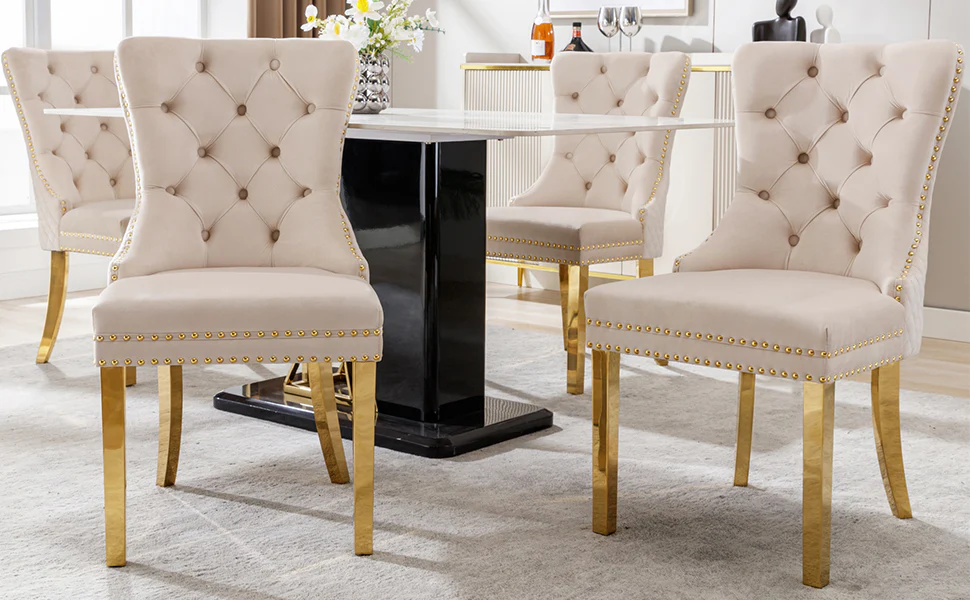 Dining Chair Set of 4 Upholstered Door Knocker Nailhead Trim Beige Velvet/Gold - Image 7
