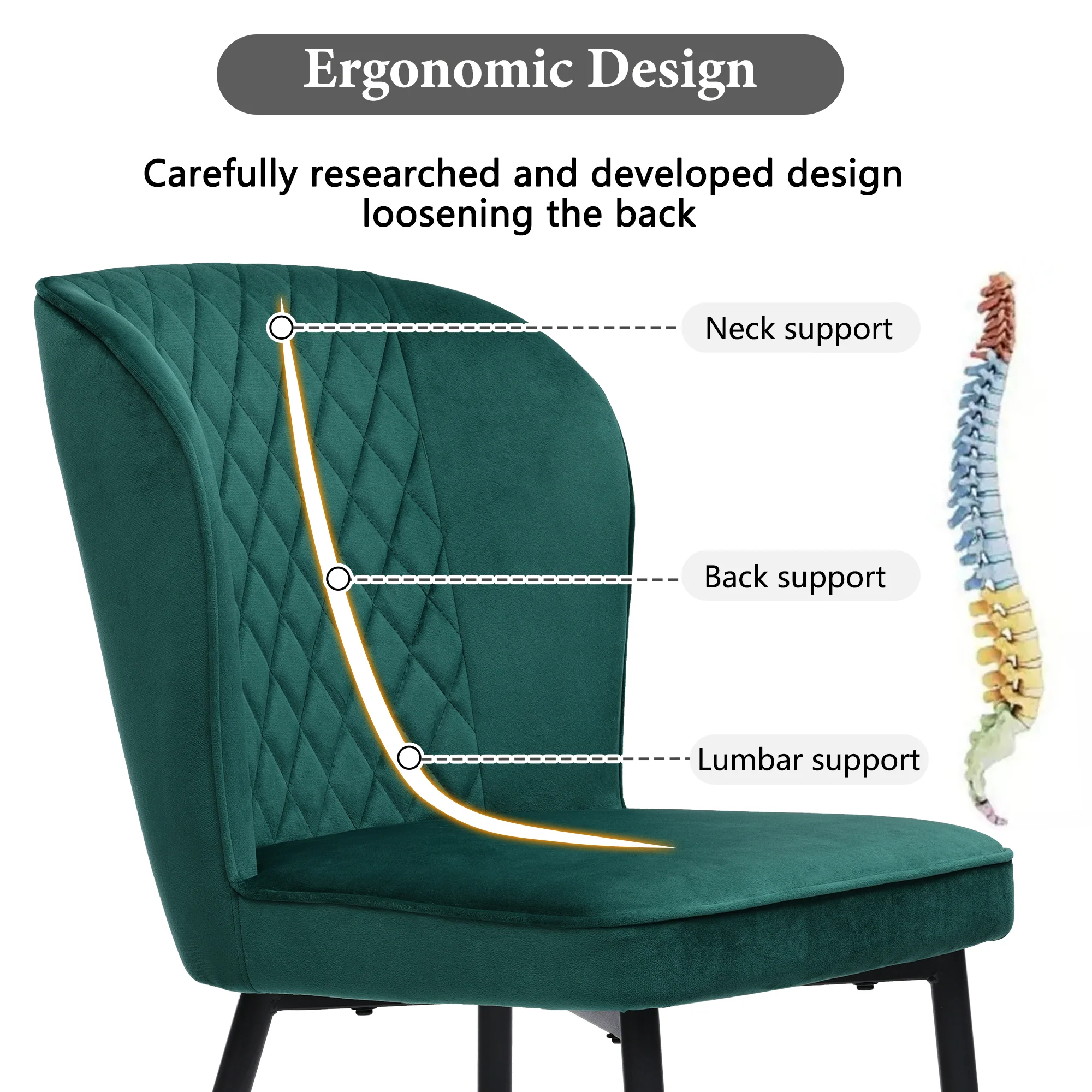 Dining Chair Set of 4 Upholstered Velvet Seat Metal Frame Dark Green - Image 10