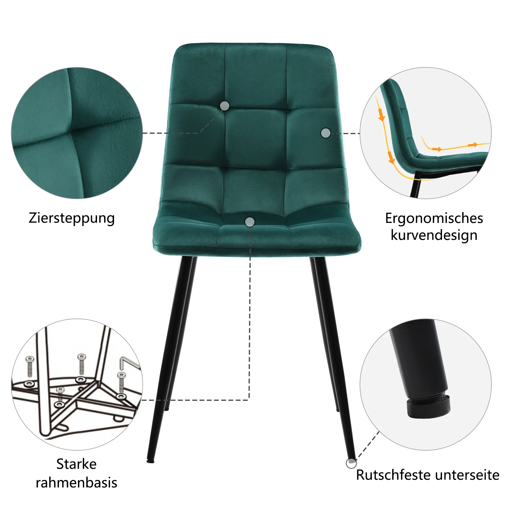 Dining Chair Set of 4 Upholstered Velvet Seat Metal Frame Dark Green - Image 16