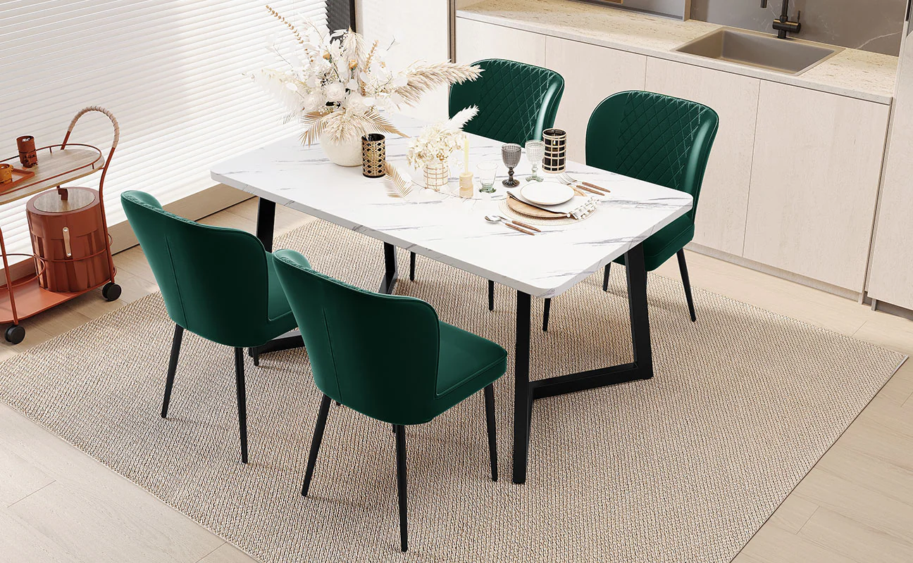 Dining Chair Set of 4 Upholstered Velvet Seat Metal Frame Dark Green - Image 2