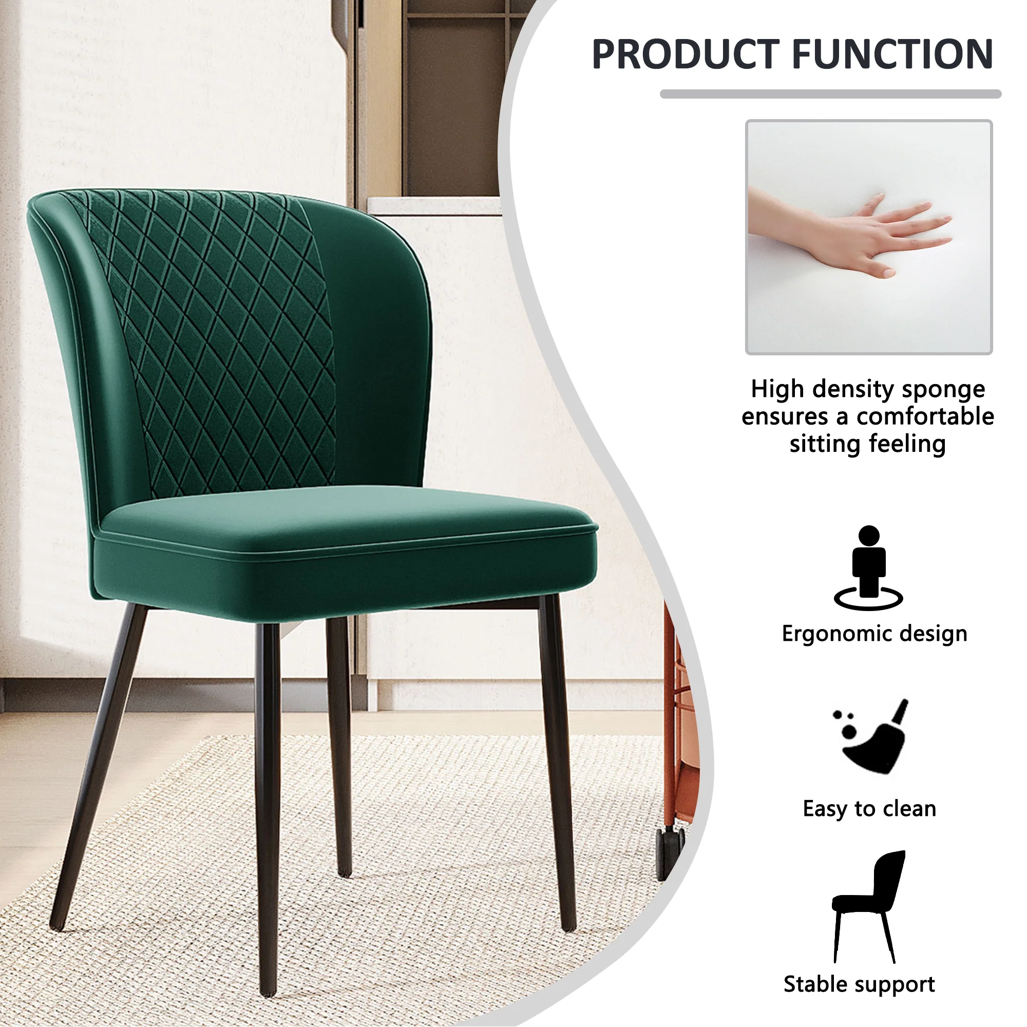 Dining Chair Set of 4 Upholstered Velvet Seat Metal Frame Dark Green - Image 4
