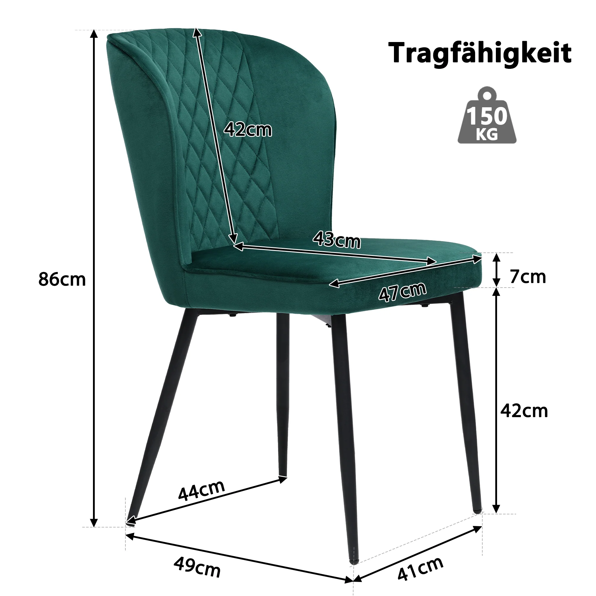 Dining Chair Set of 4 Upholstered Velvet Seat Metal Frame Dark Green - Image 5