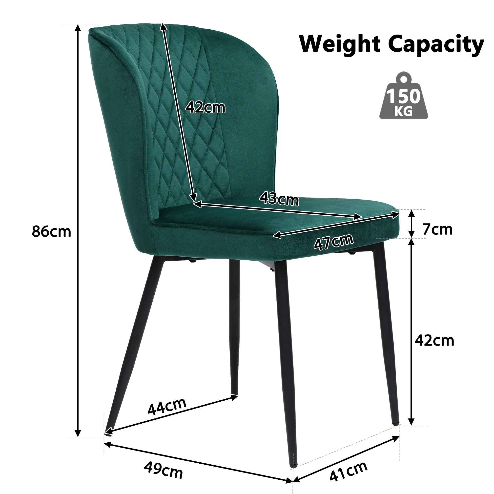 Dining Chair Set of 4 Upholstered Velvet Seat Metal Frame Dark Green - Image 6