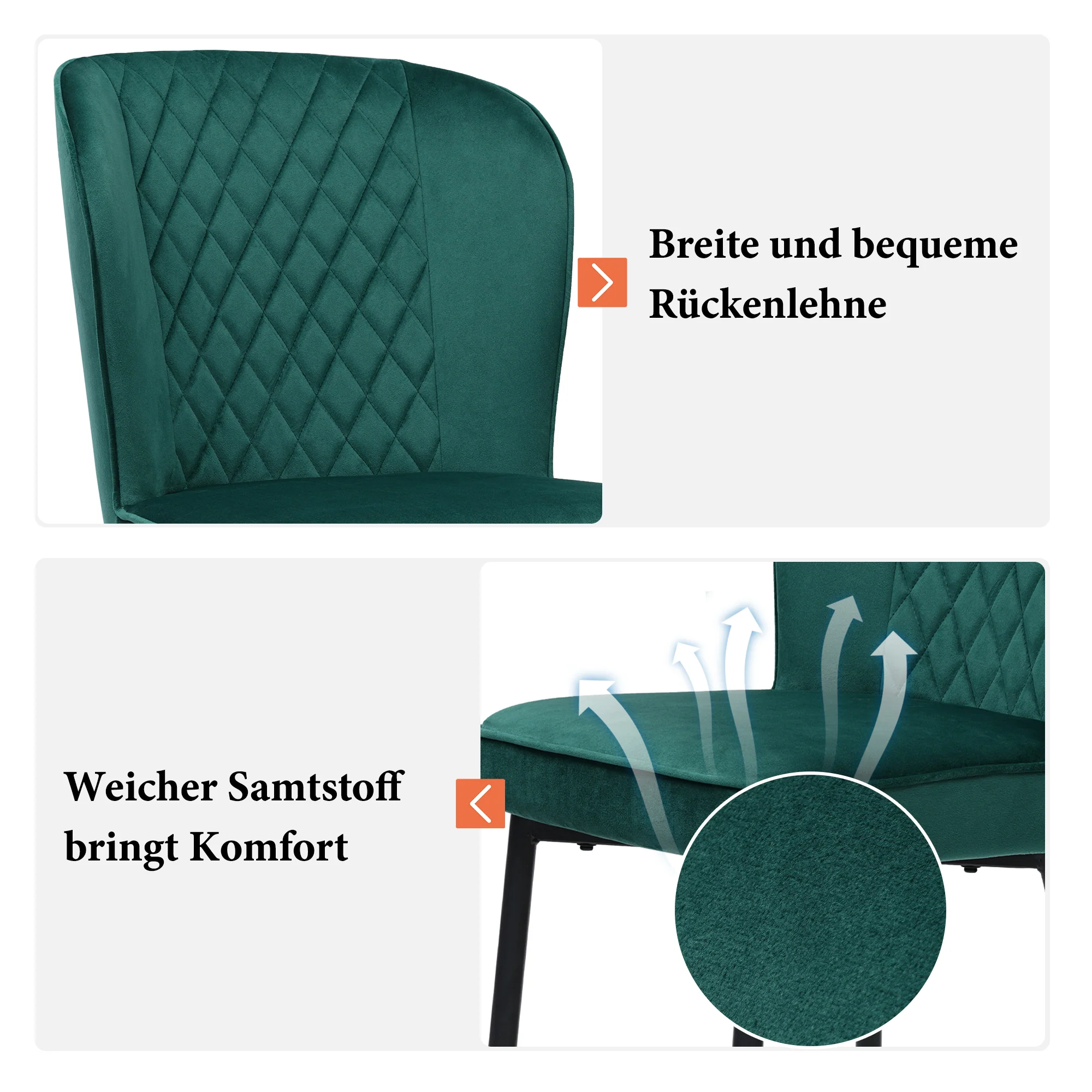 Dining Chair Set of 4 Upholstered Velvet Seat Metal Frame Dark Green - Image 7