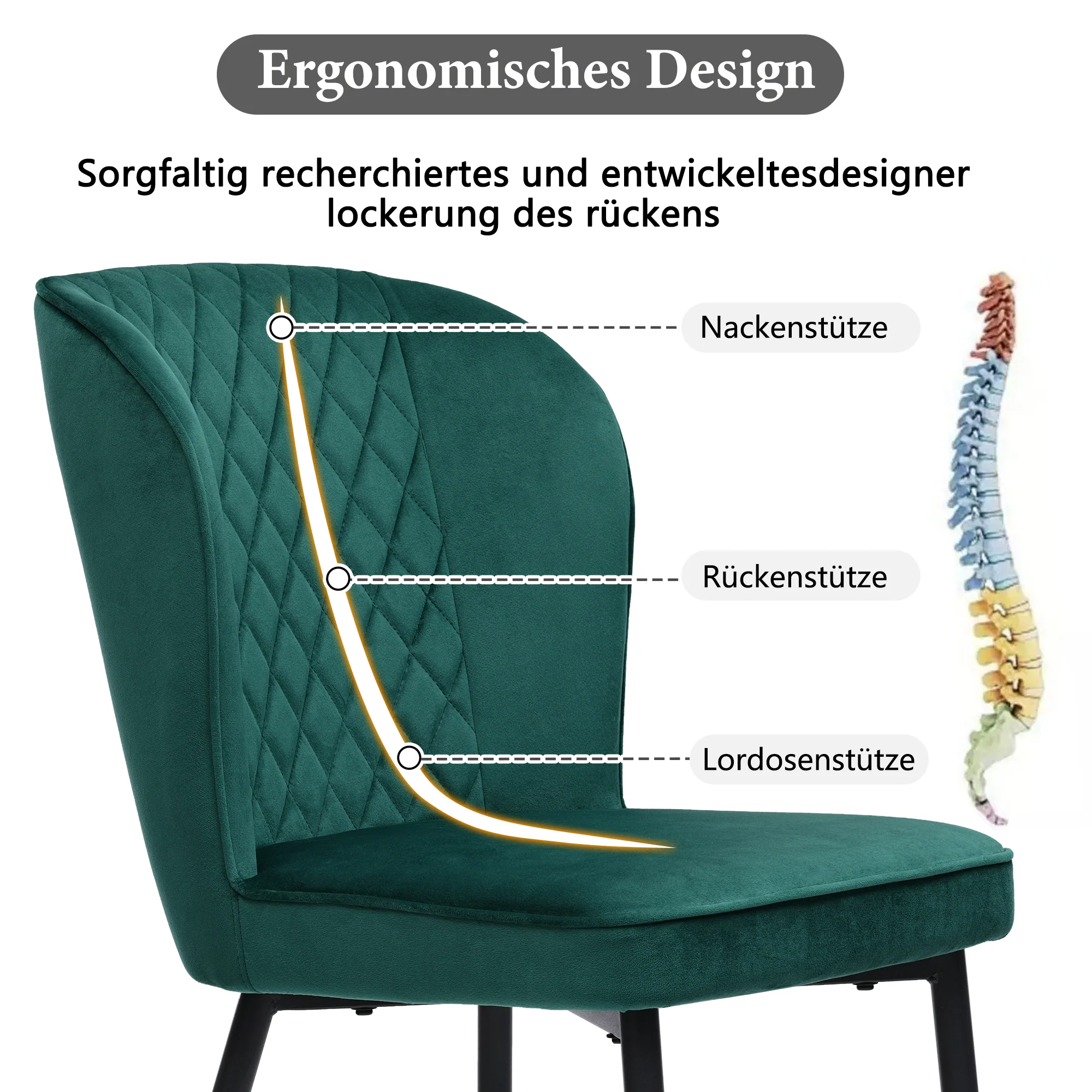 Dining Chair Set of 4 Upholstered Velvet Seat Metal Frame Dark Green - Image 9