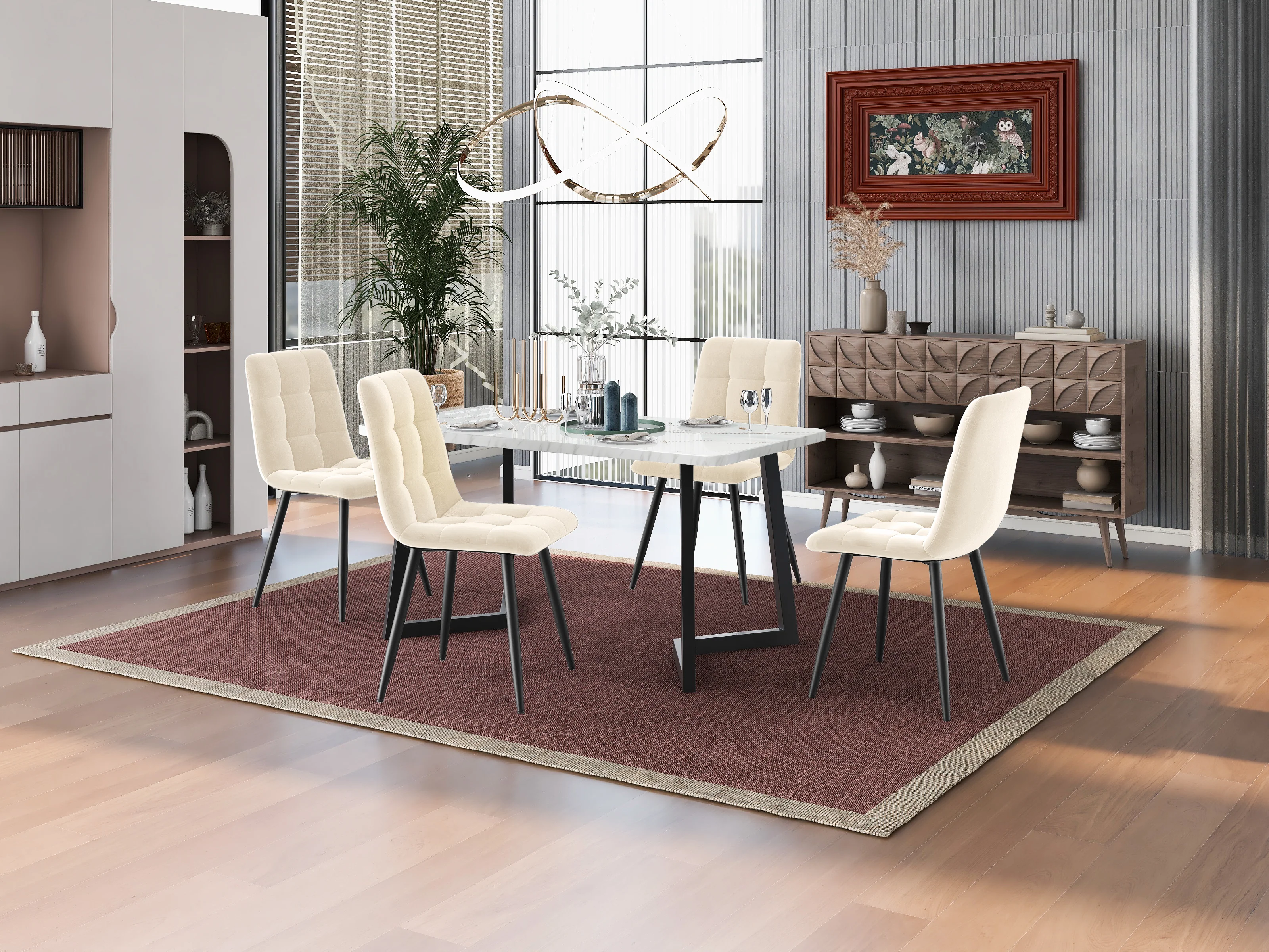 Dining Chair Set of 4 Upholstered with Backrest, Beige Velvet Metal Frame - Image 2