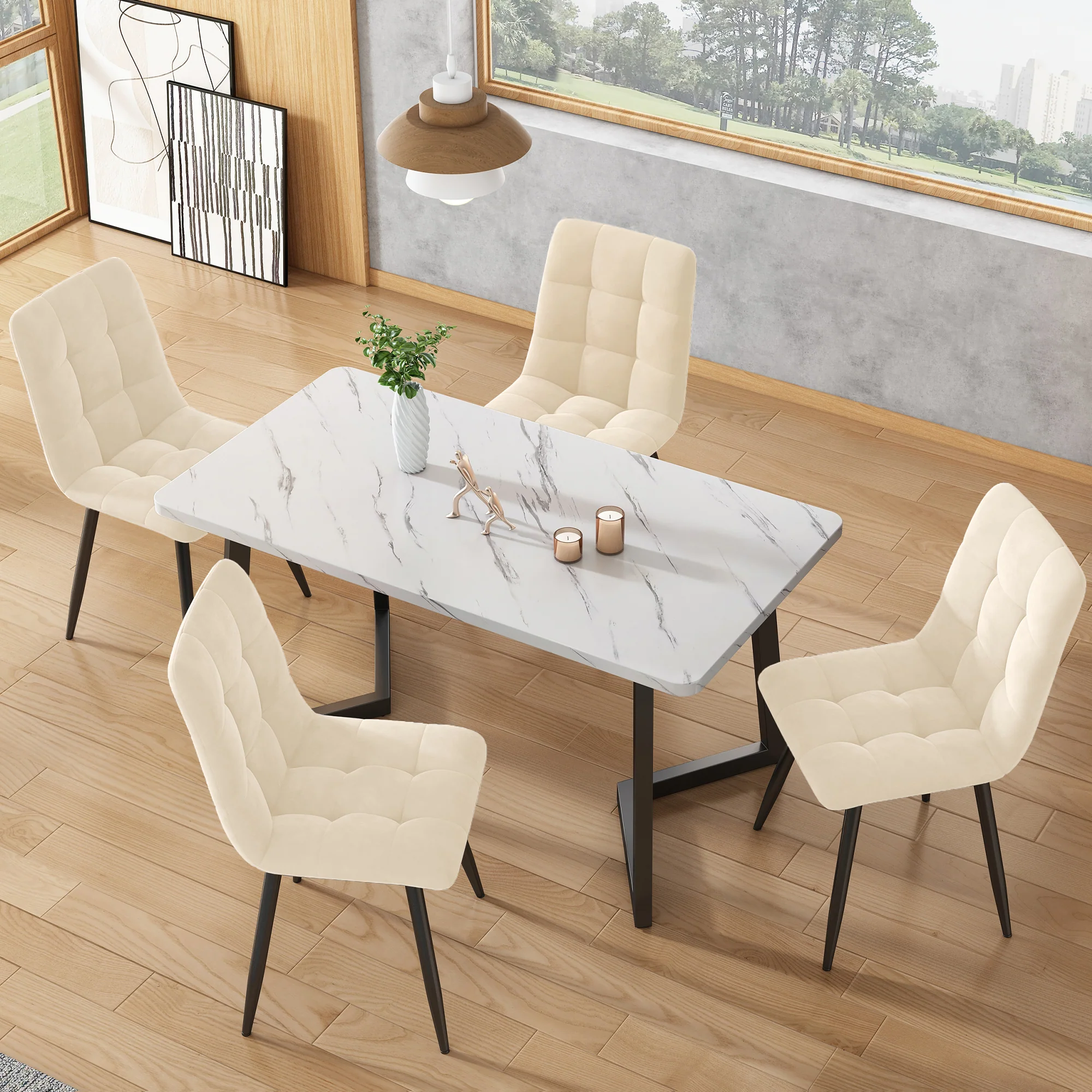 Dining Chair Set of 4 Upholstered with Backrest, Beige Velvet Metal Frame - Image 3