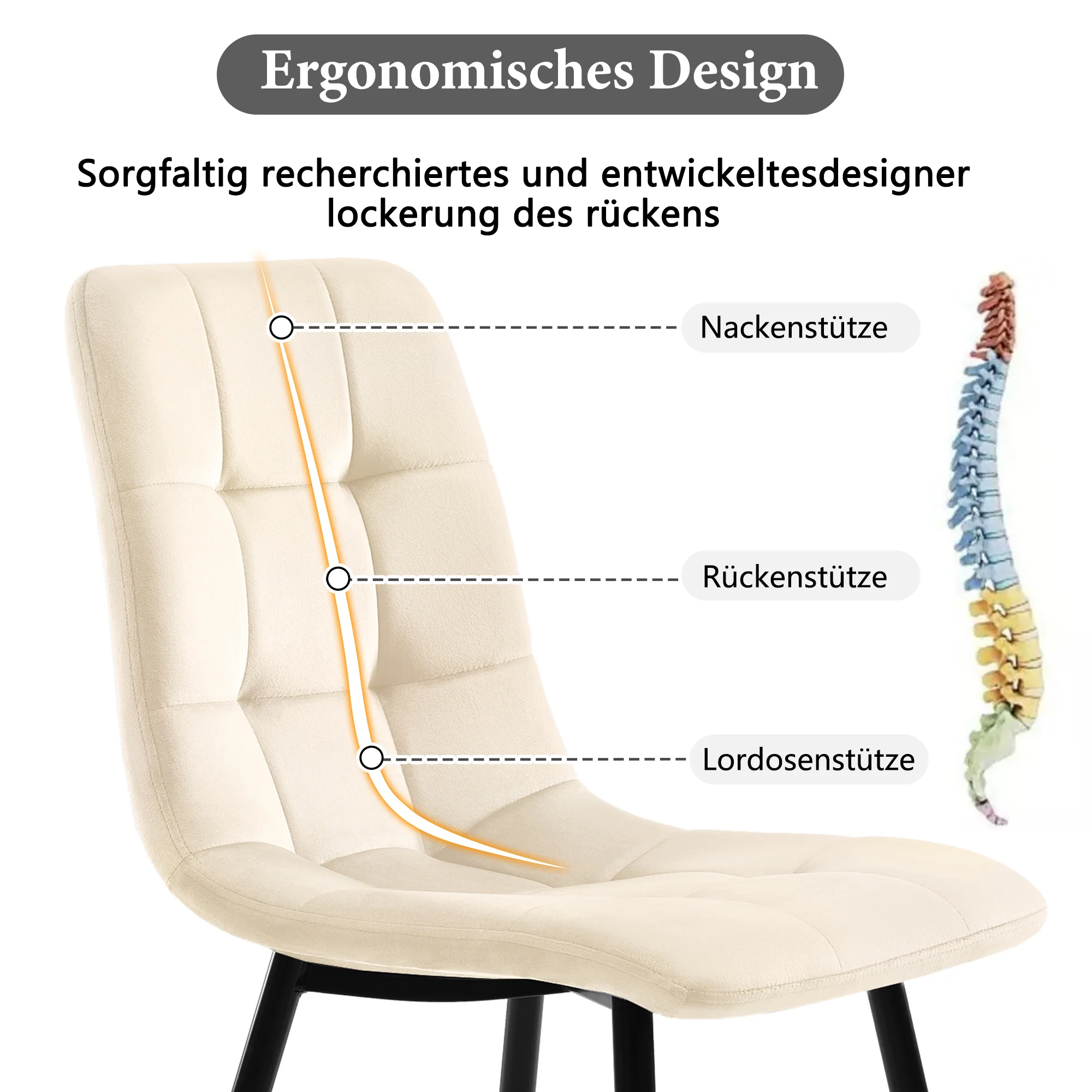Dining Chair Set of 4 Upholstered with Backrest, Beige Velvet Metal Frame - Image 6