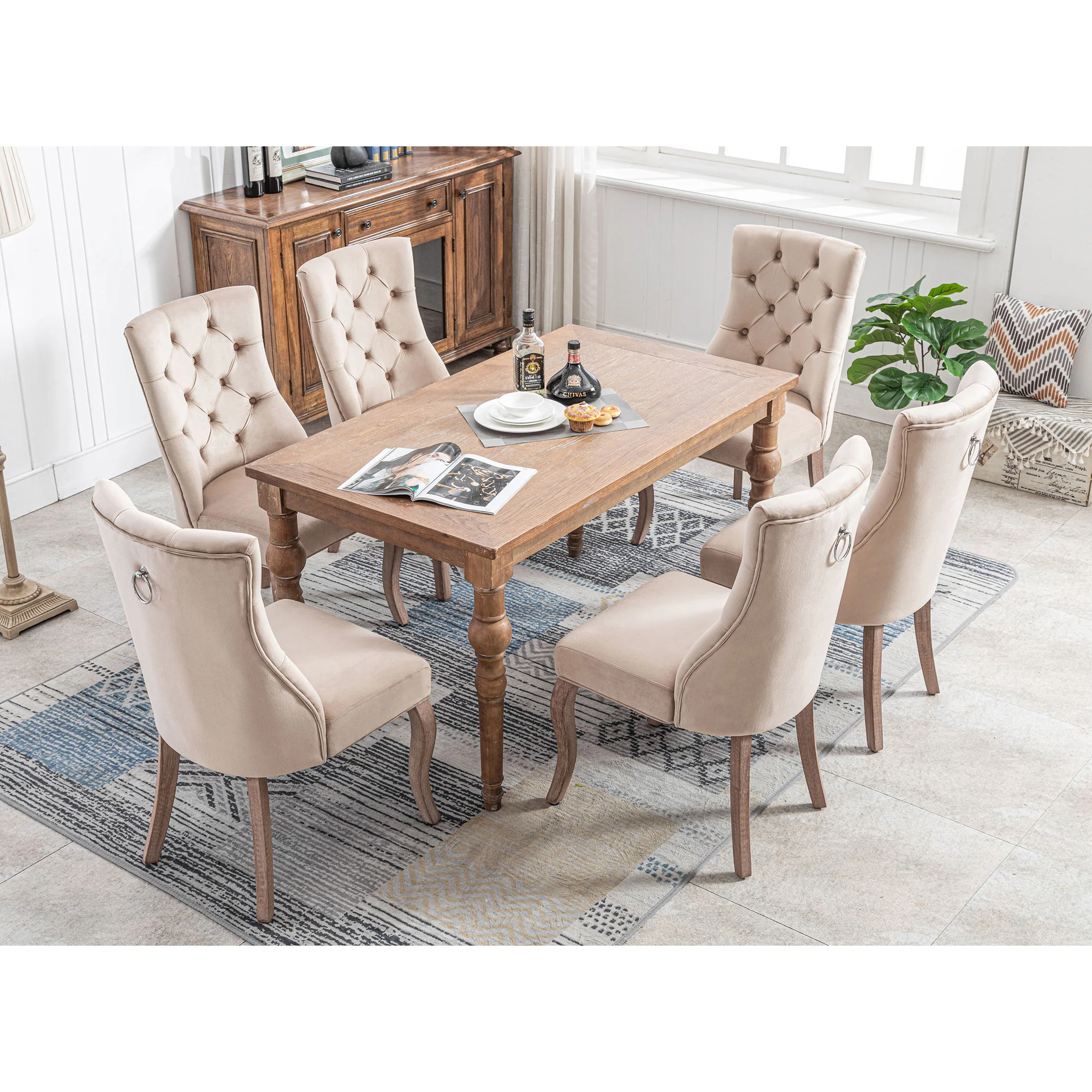 Dining Chair Set of 6 High Back Button Tufted Solid Wood Frame Beige Velvet - Image 3