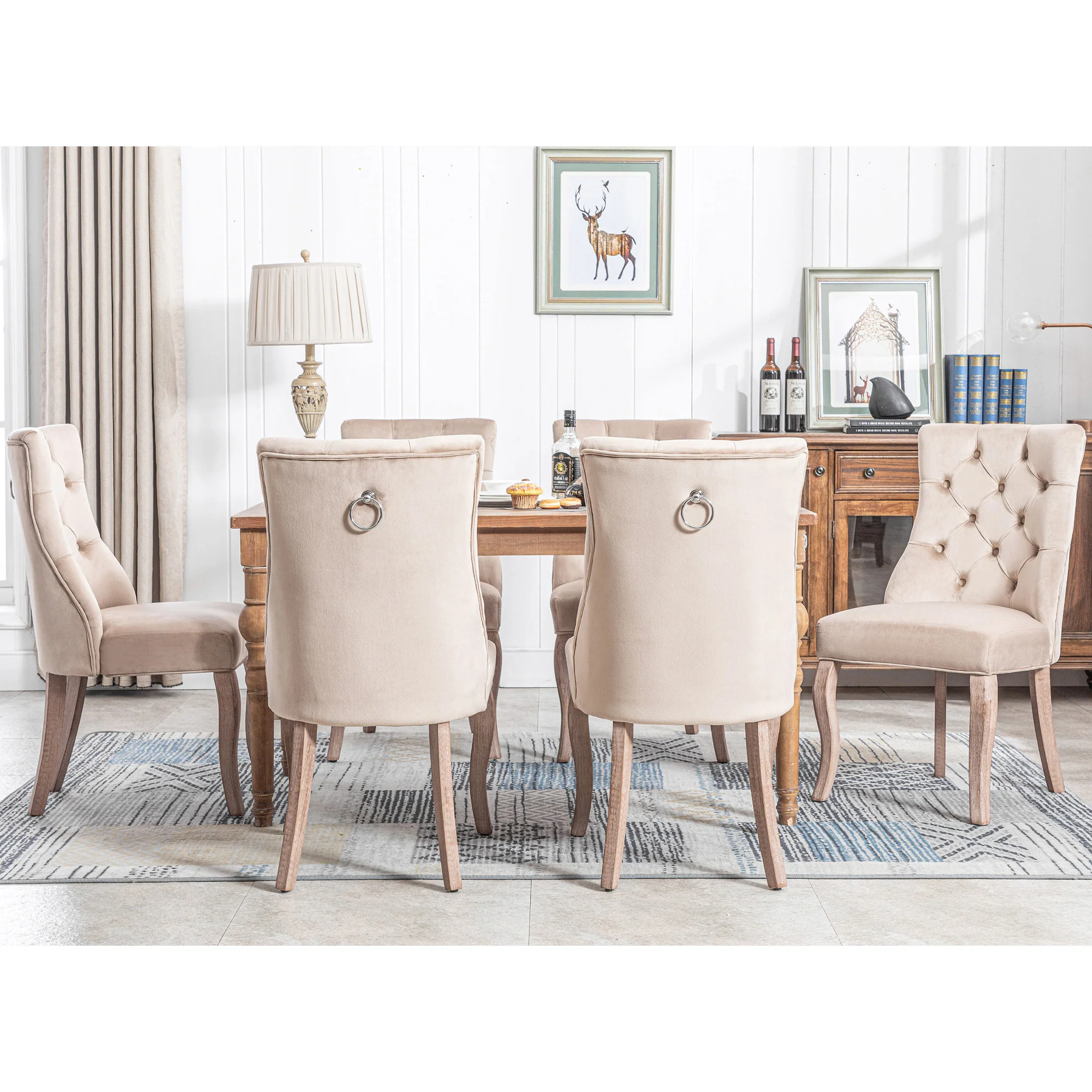 Dining Chair Set of 6 High Back Button Tufted Solid Wood Frame Beige Velvet - Image 4