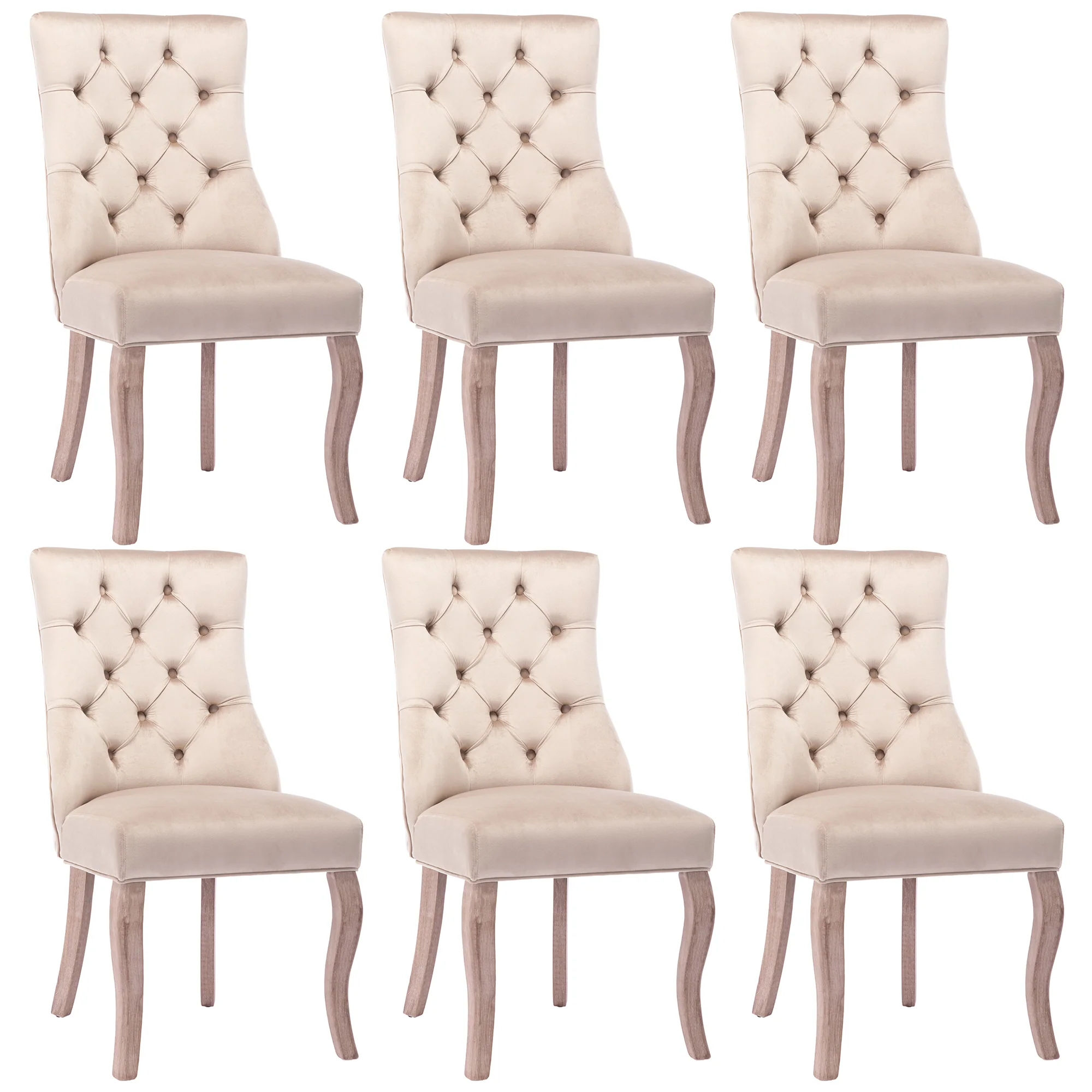 Dining Chair Set of 6 High Back Button Tufted Solid Wood Frame Beige Velvet - Image 5