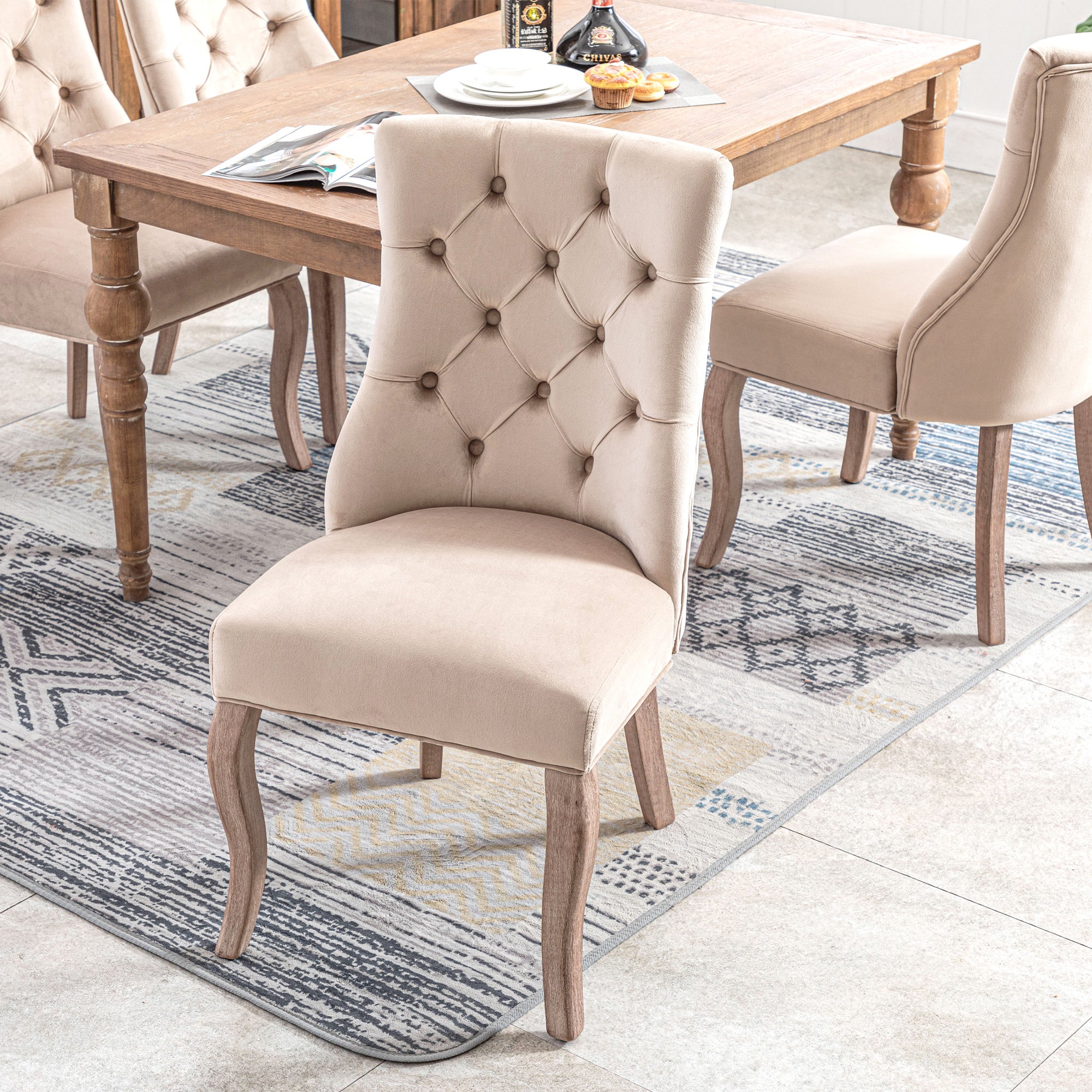 Dining Chair Set of 6 High Back Button Tufted Solid Wood Frame Beige Velvet - Image 6